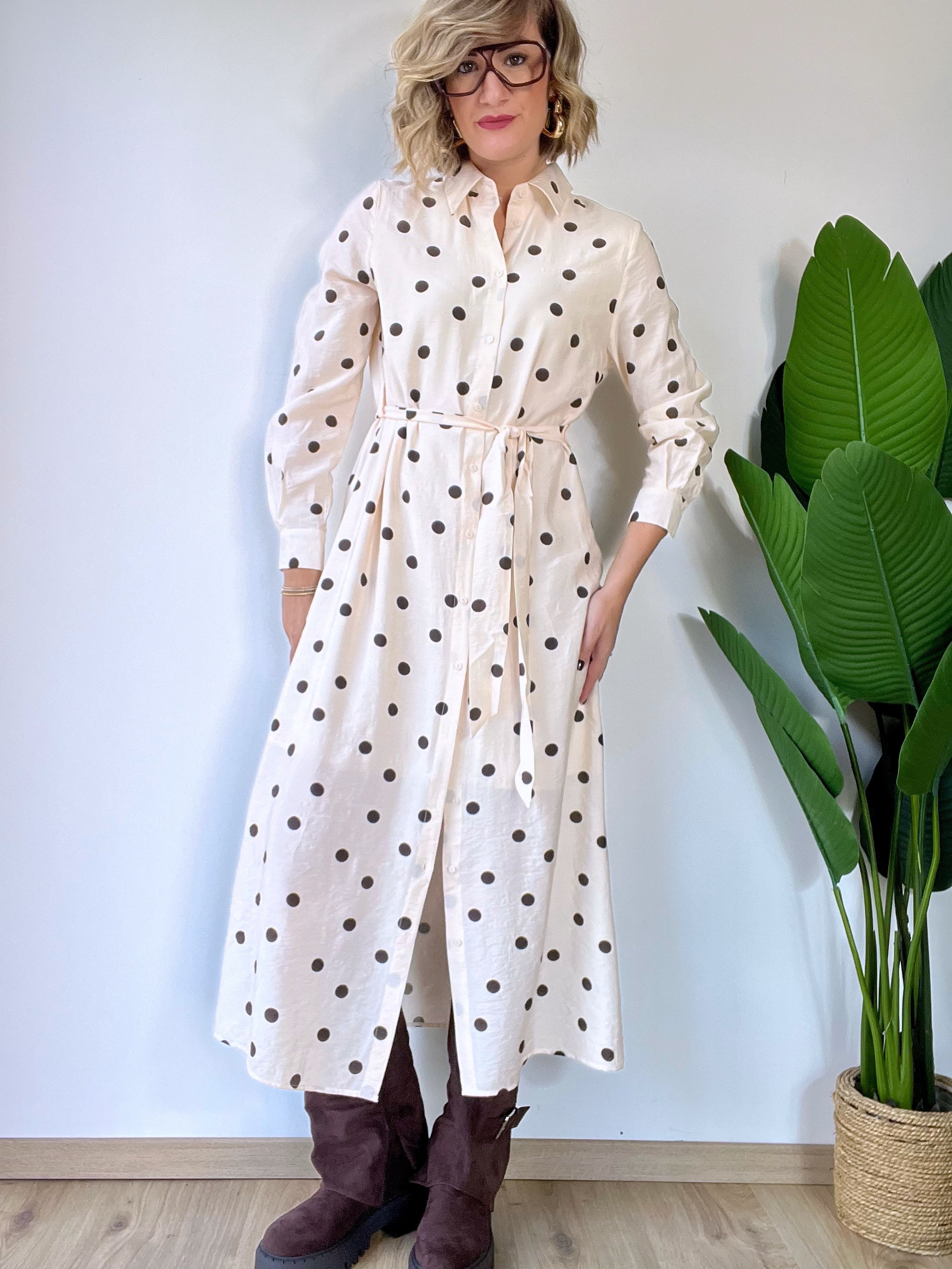 Vestito camicia beige con poi marrone