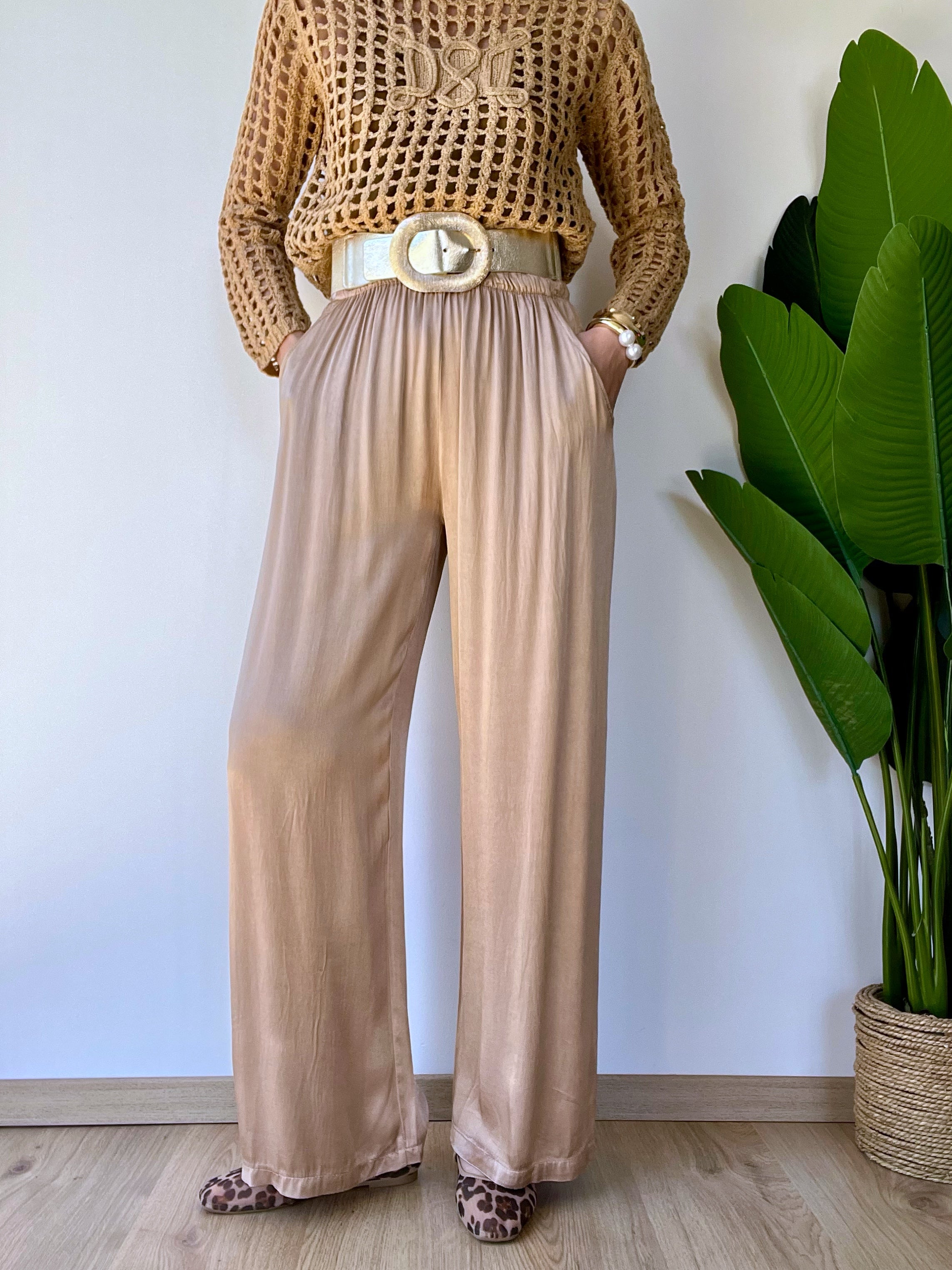 Panta palazzo in raso morbido beige