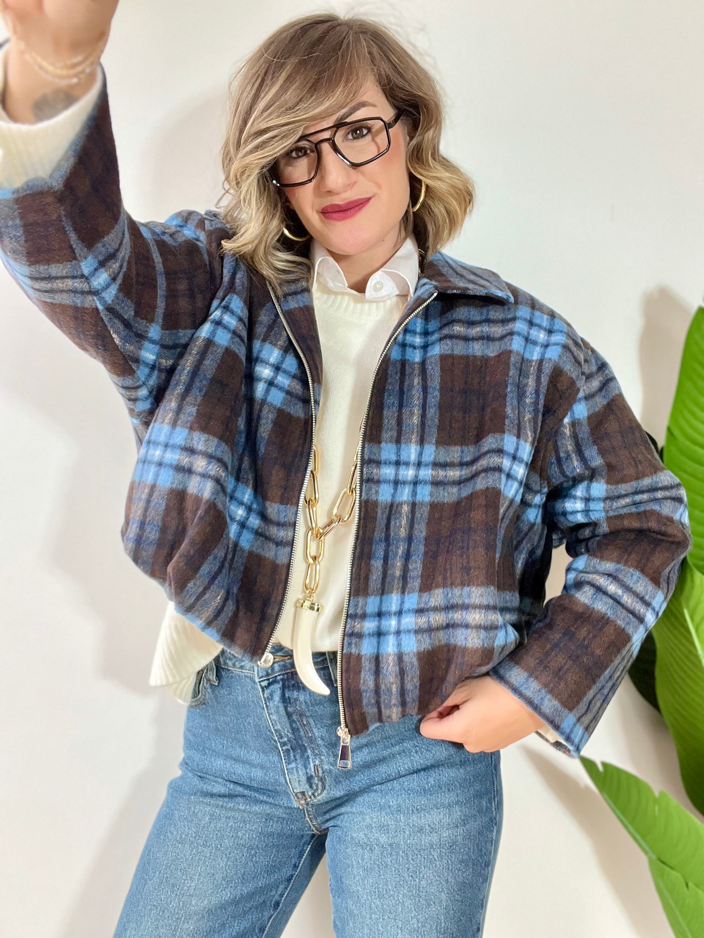 Bomberino in panno a scacchi marrone e azzurro