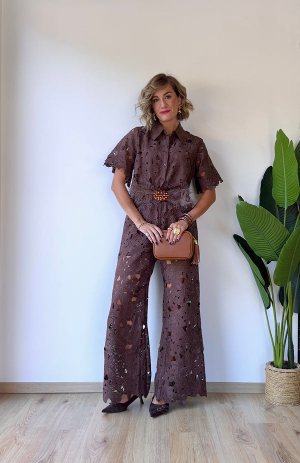 Coordinato con pantalone in pizzo marrone
