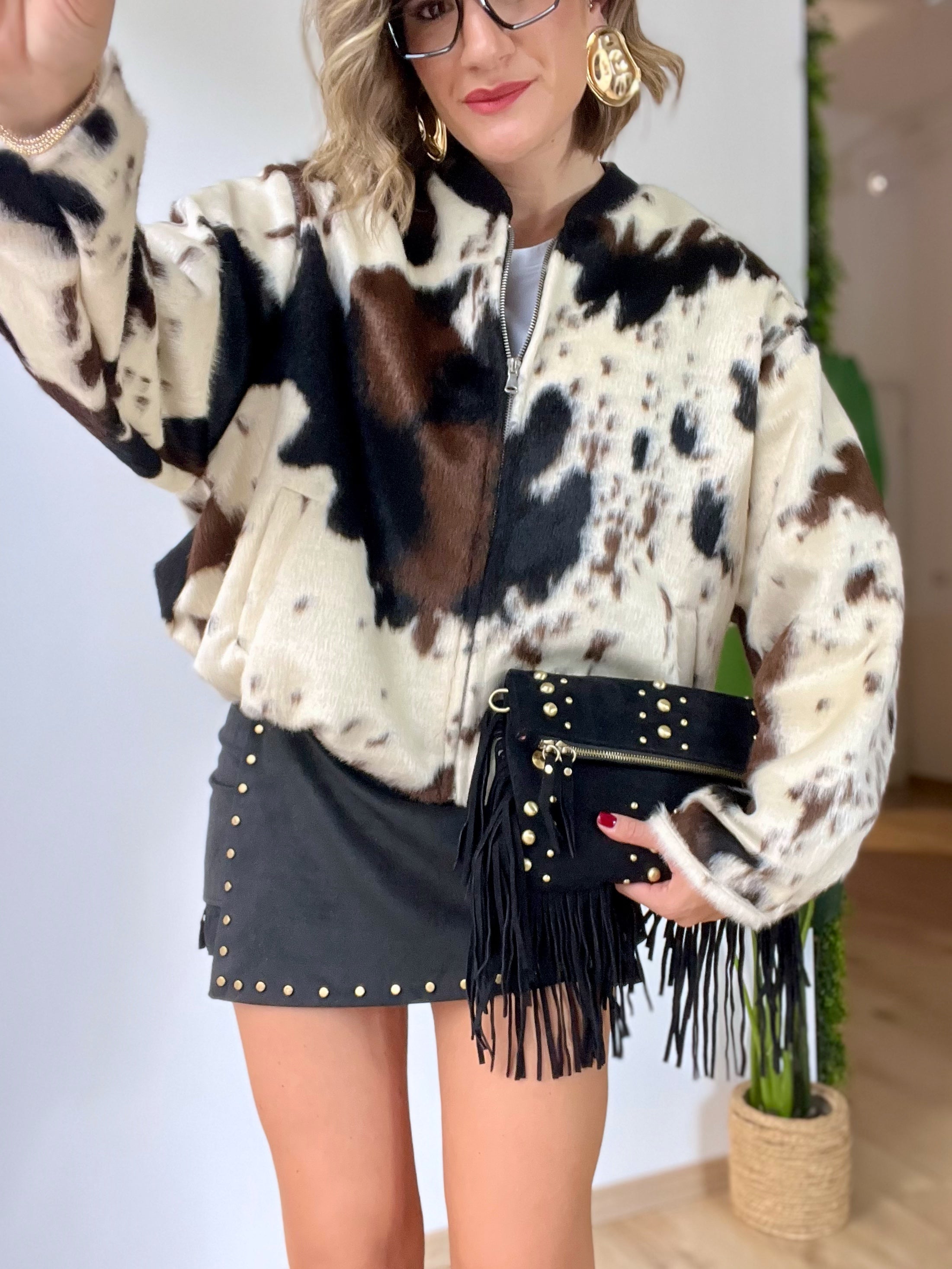 Bomber in ecopelliccia fantasia cow