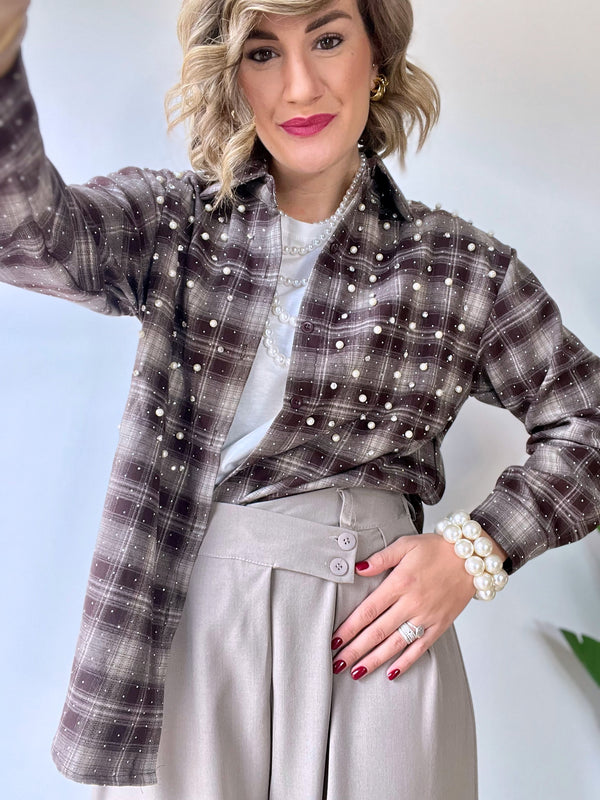 Camicia scozzese con strass e perle