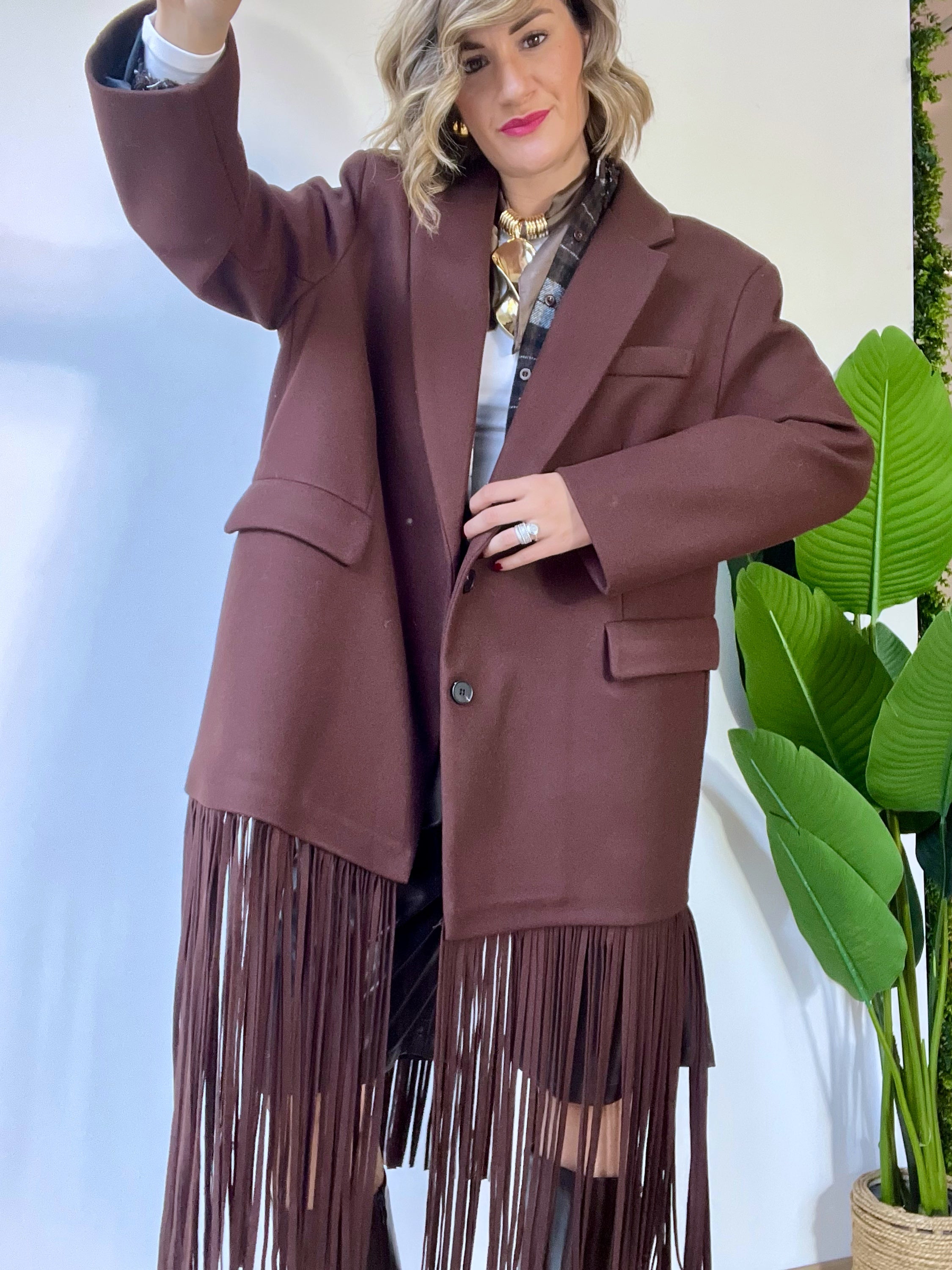 Giacca cappotto in panno con frange  by Lumina