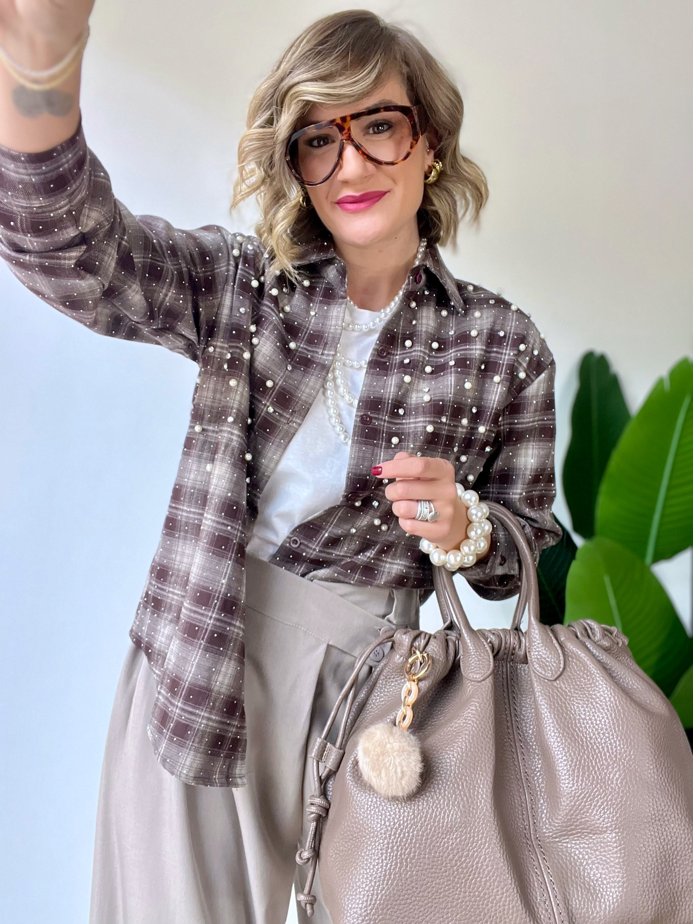 Camicia scozzese con strass e perle