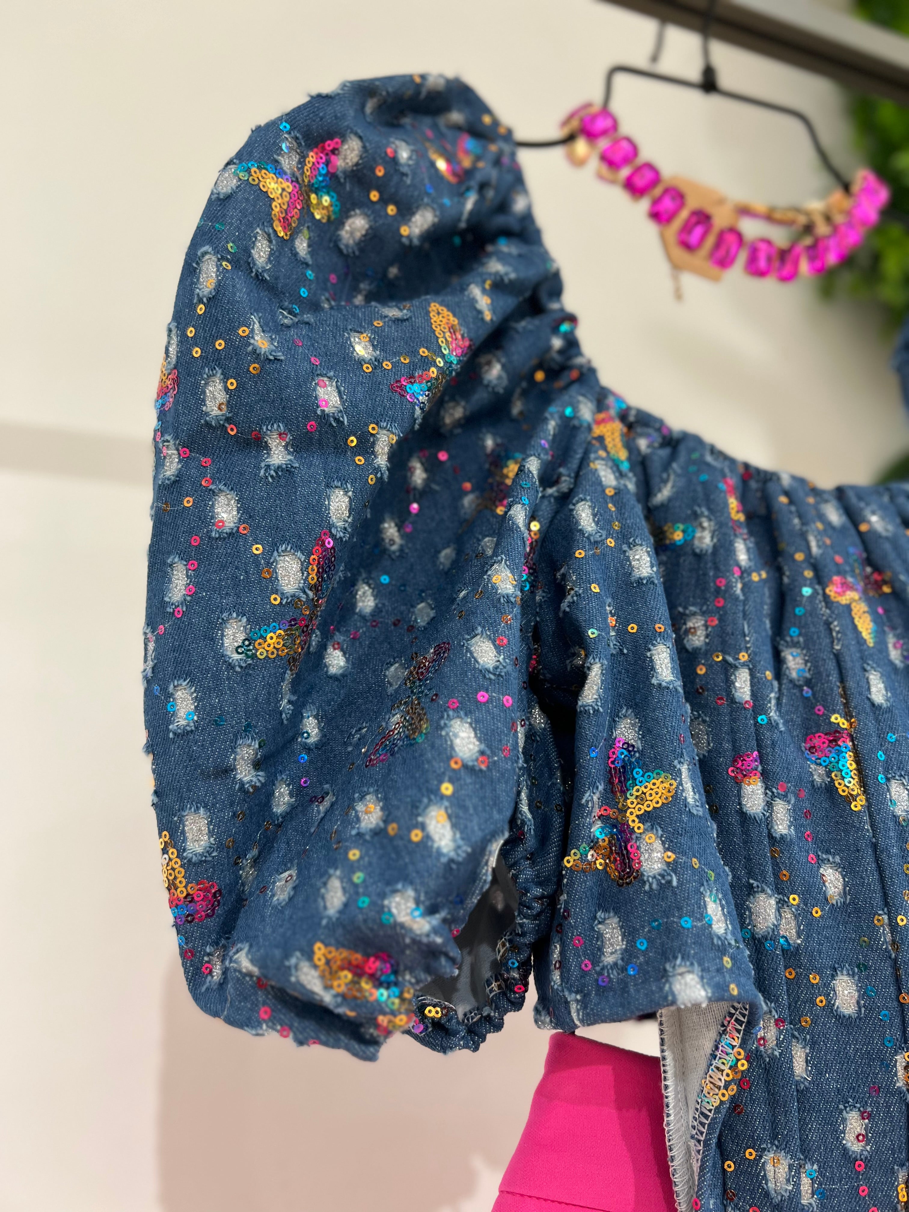 Corpetto denim con pailettes colorate