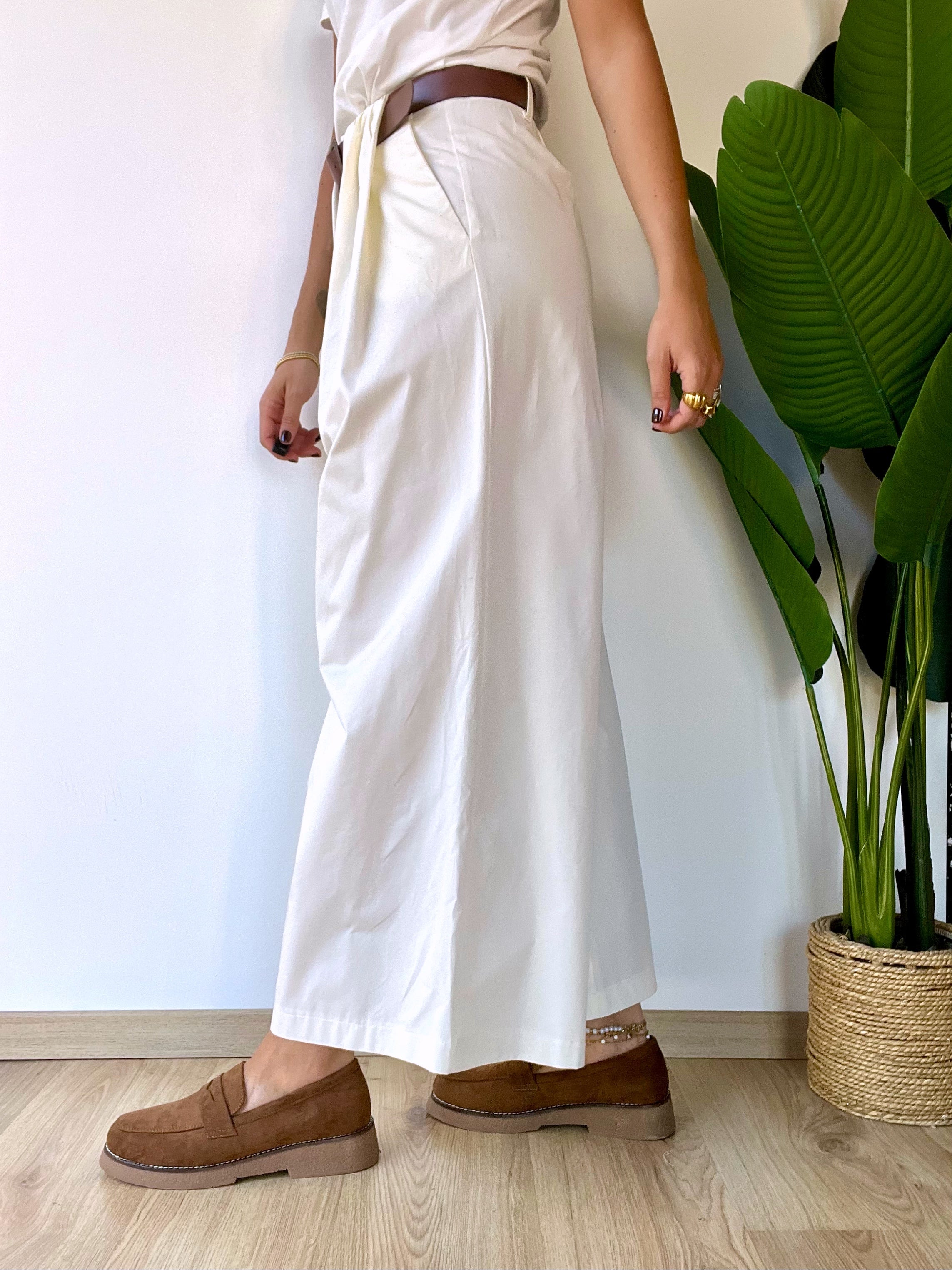 Pantapalazzo in cotone con cintura beige