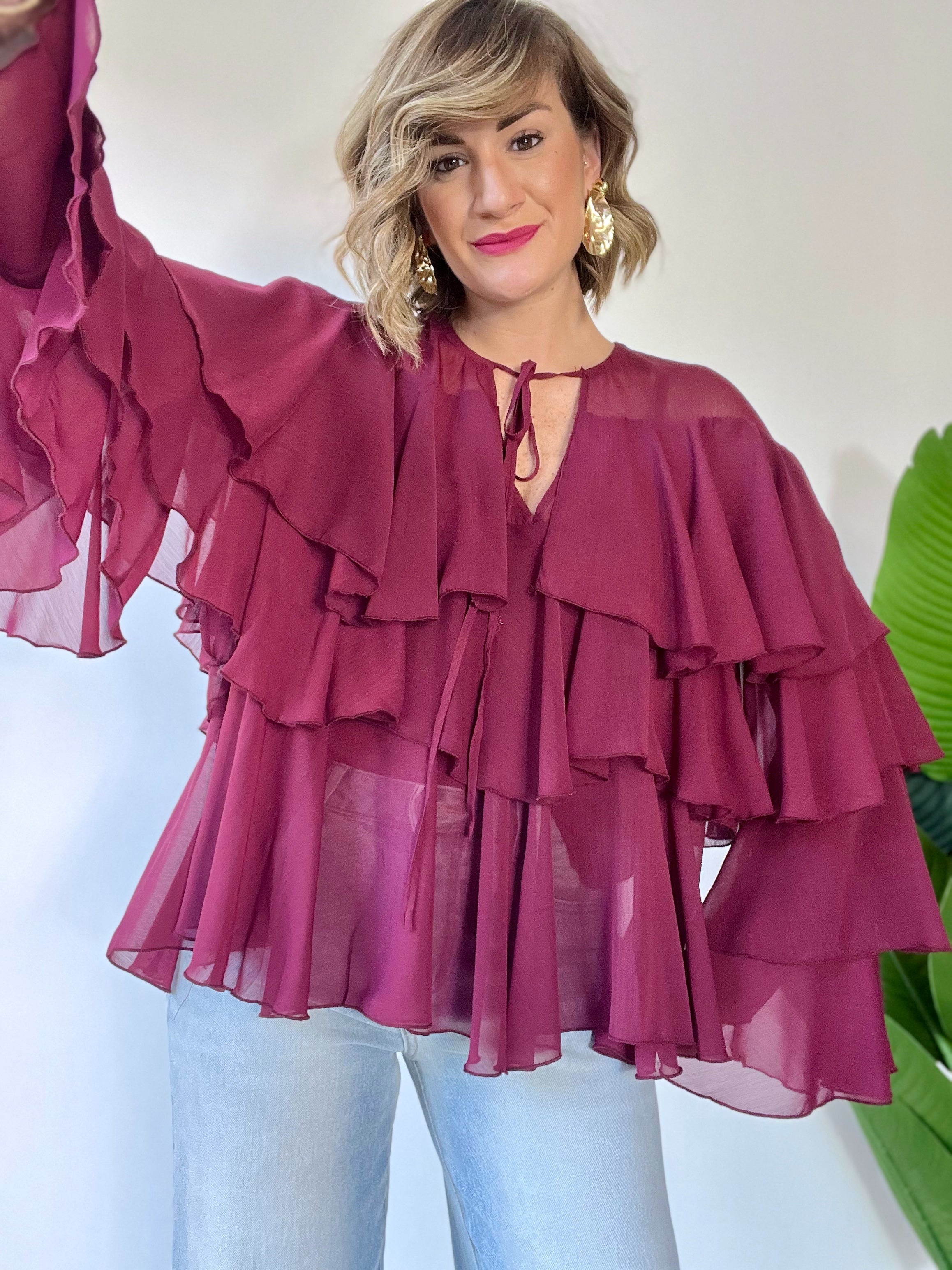 Camicia oversize a balze bordeaux