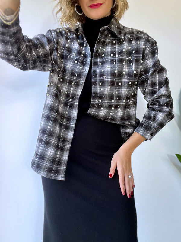 Camicia scozzese con strass e perle