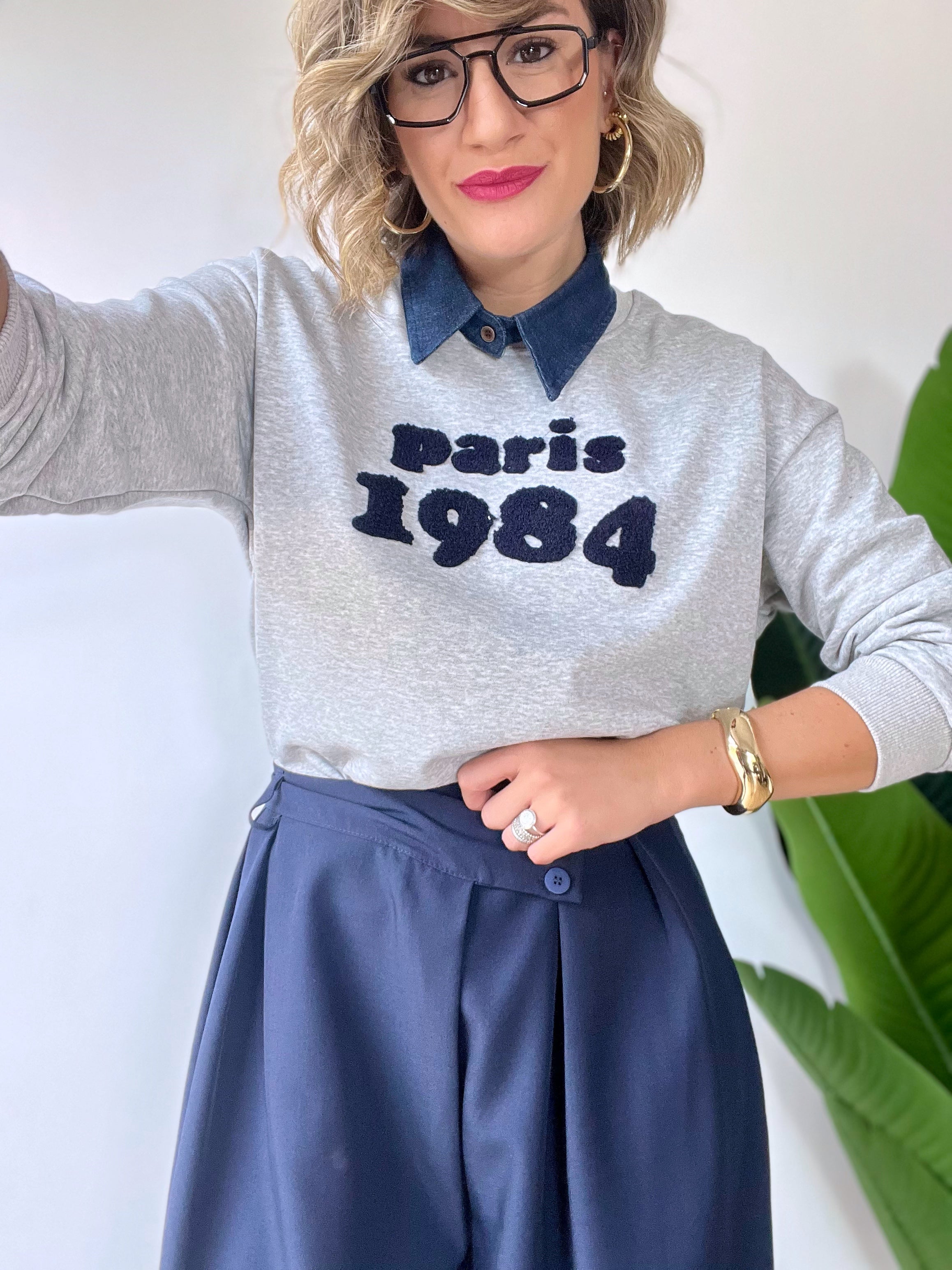 Felpa garzata 1984 con colletto jeans
