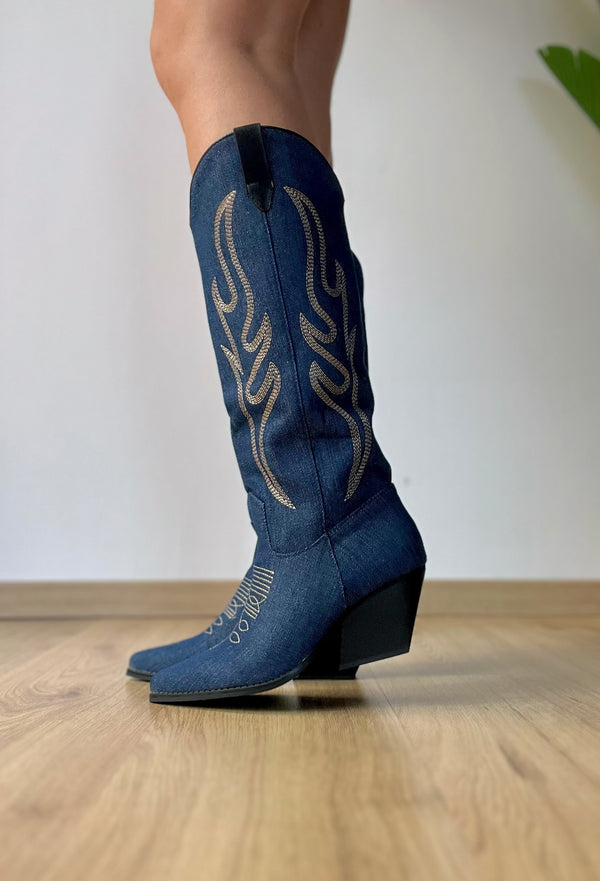 Texano in jeans con ricami beige