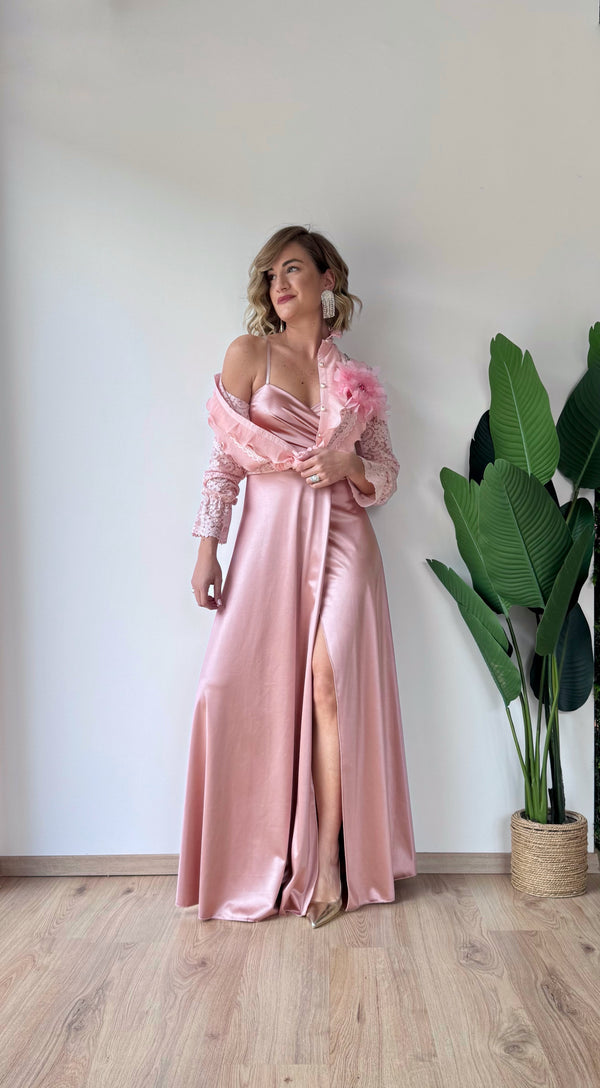 Vestito lungo in tessuto lucido rosa