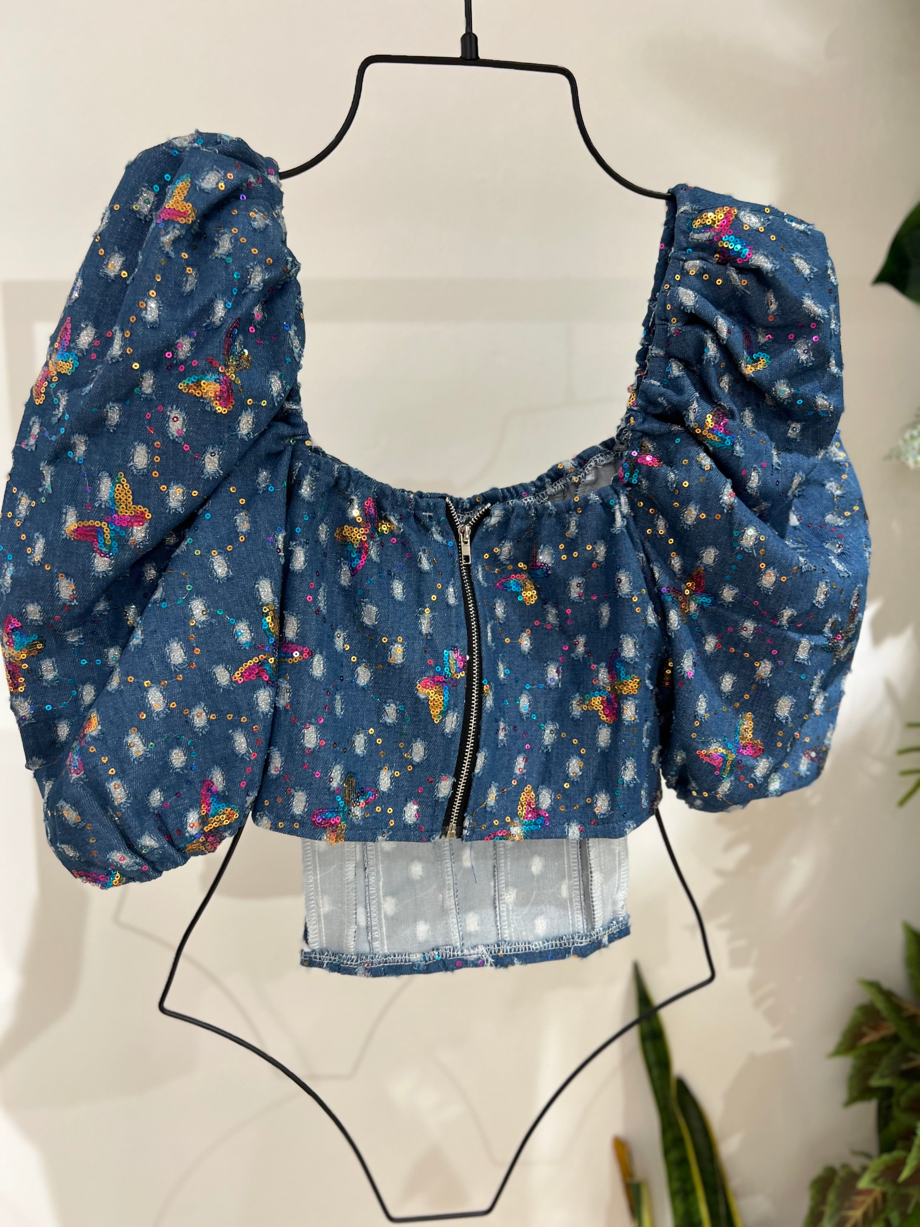 Corpetto denim con pailettes colorate