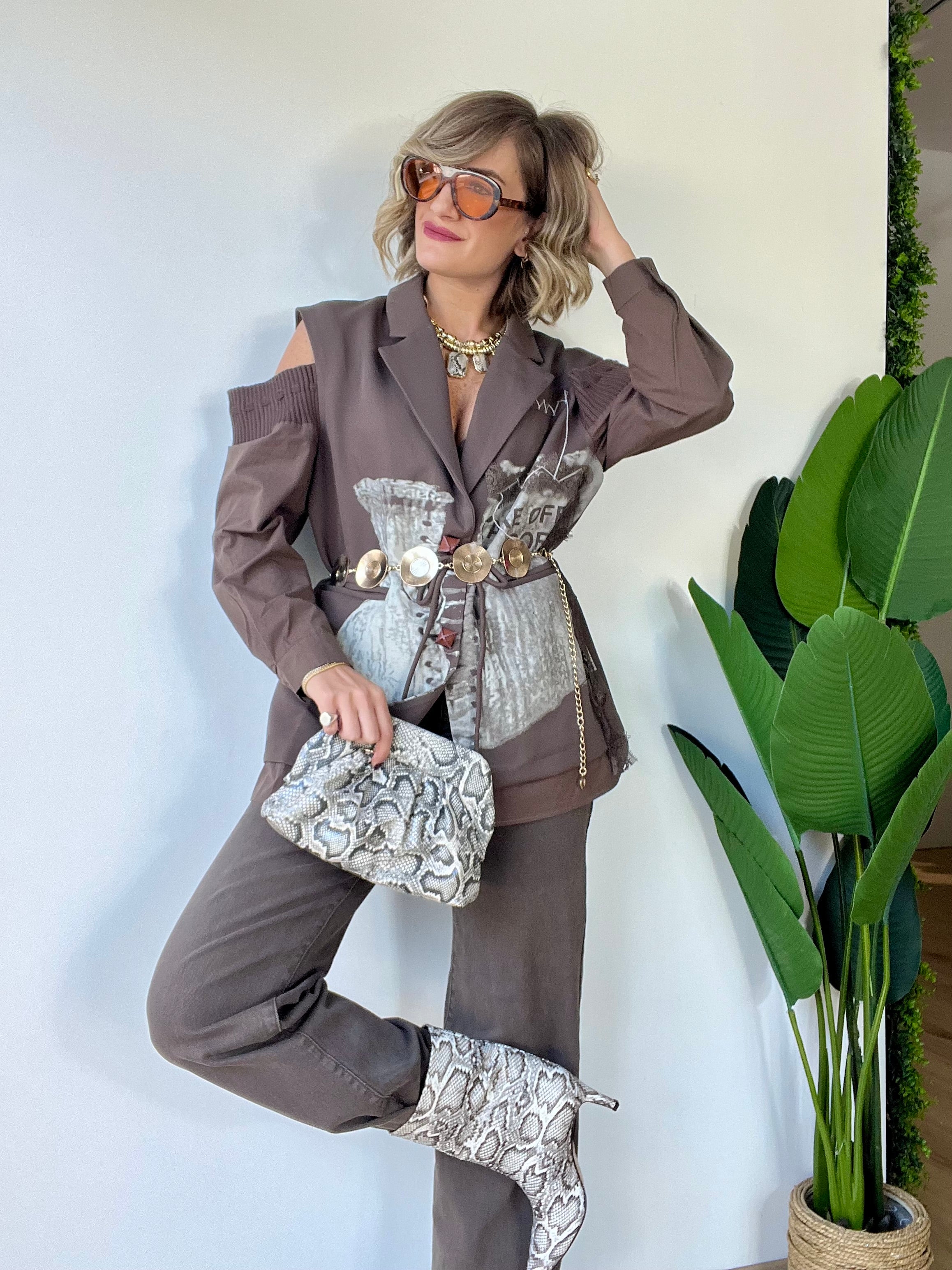 Blazer oversize con stampa e maniche camicia fango