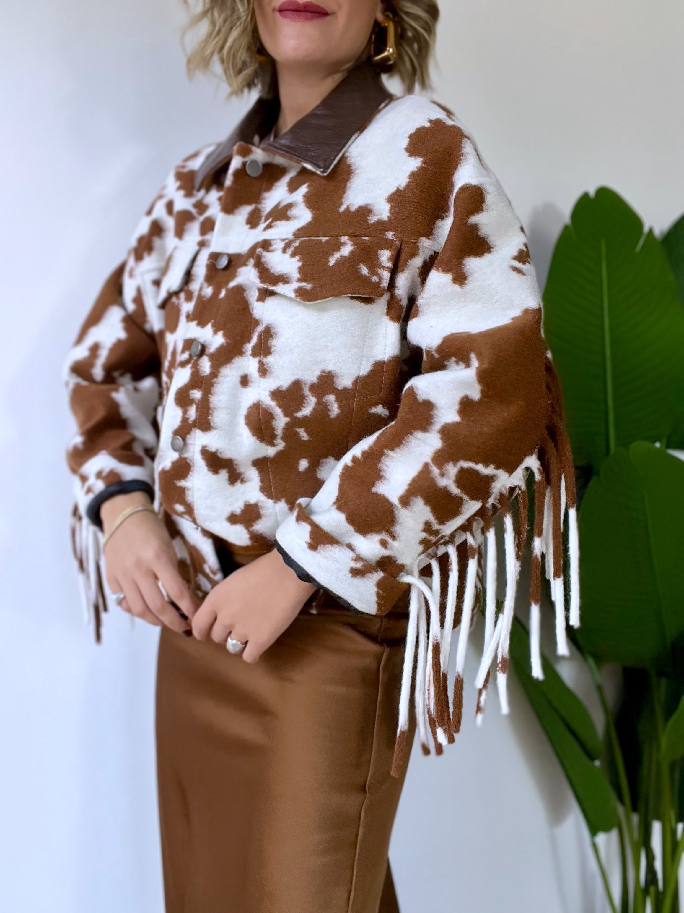 Giubbotto in panno con frange COW cammello