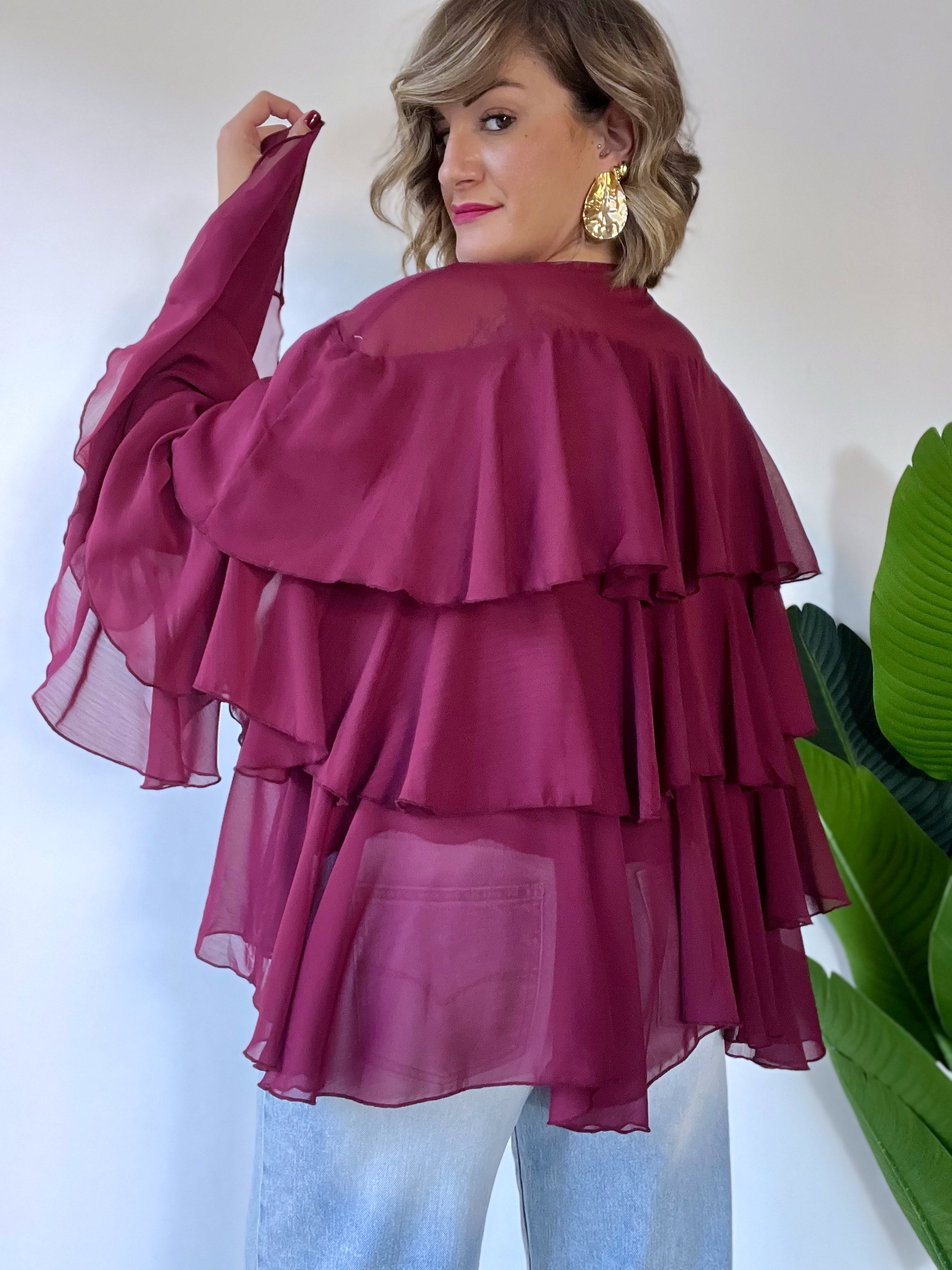 Camicia oversize a balze bordeaux