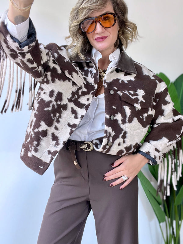 Giubbotto in panno con frange COW marrone scuro
