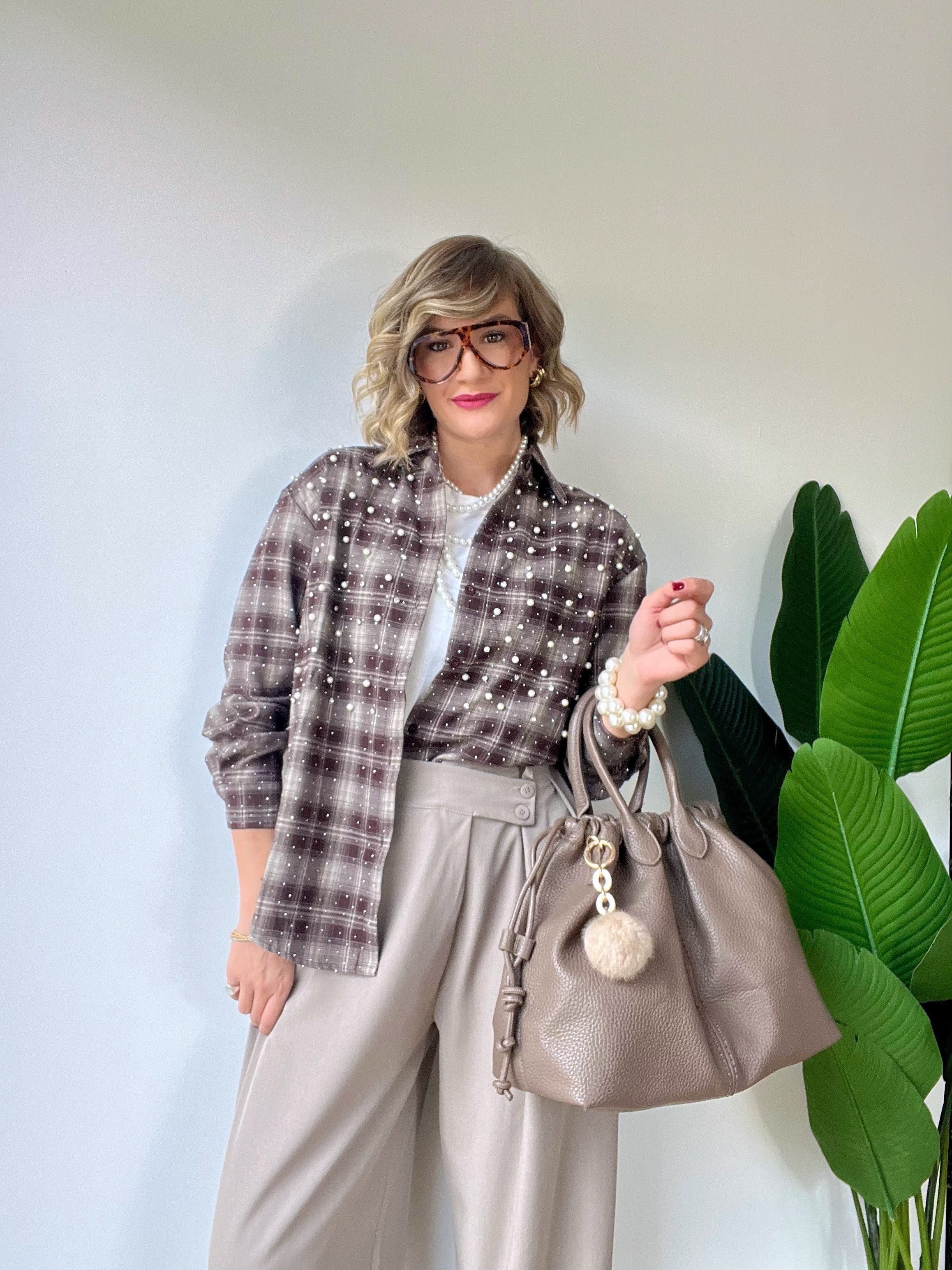 Camicia scozzese con strass e perle