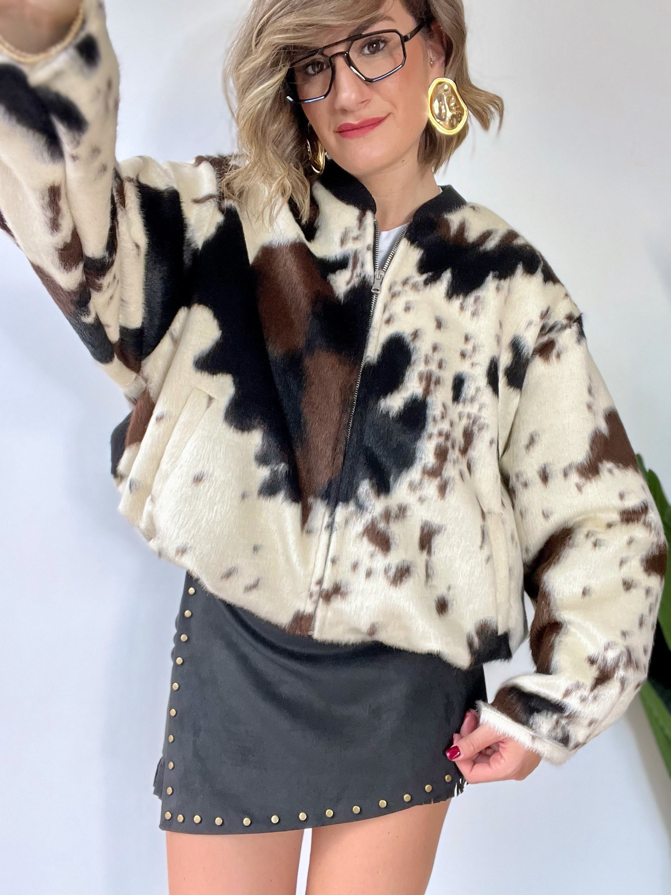 Bomber in ecopelliccia fantasia cow