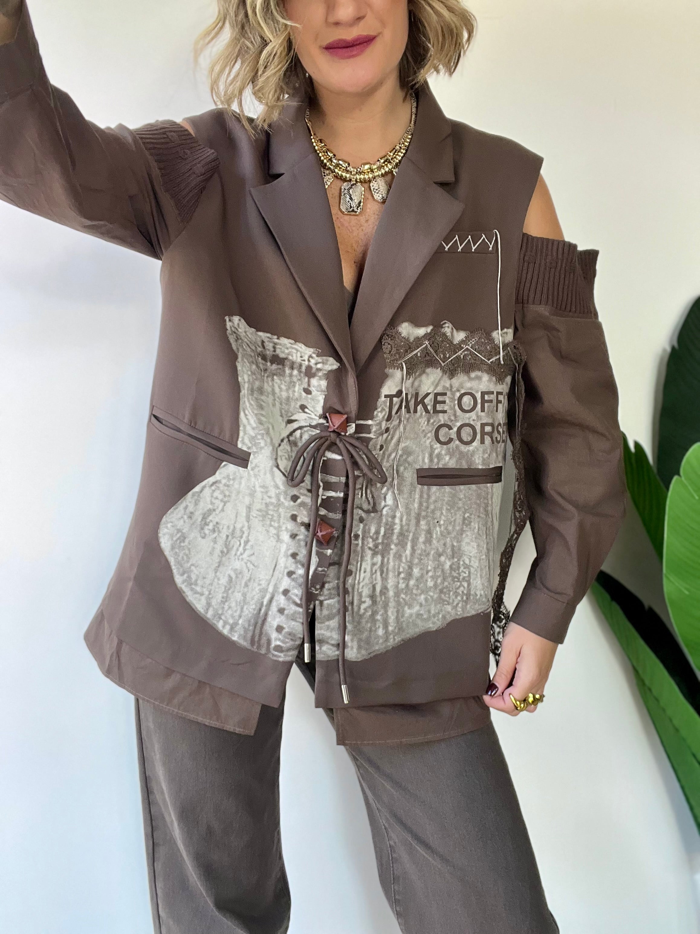 Blazer oversize con stampa e maniche camicia fango