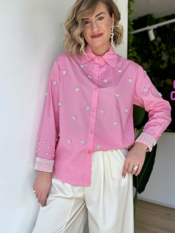 Camicia pink in cotone con perle