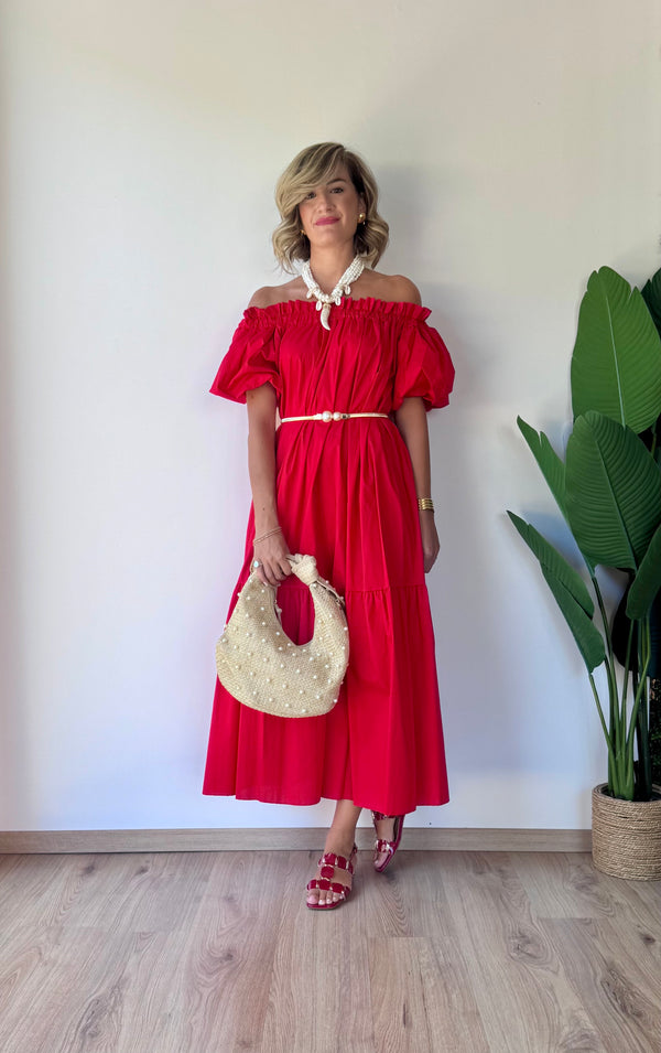 Abito lungo in cotone rosso