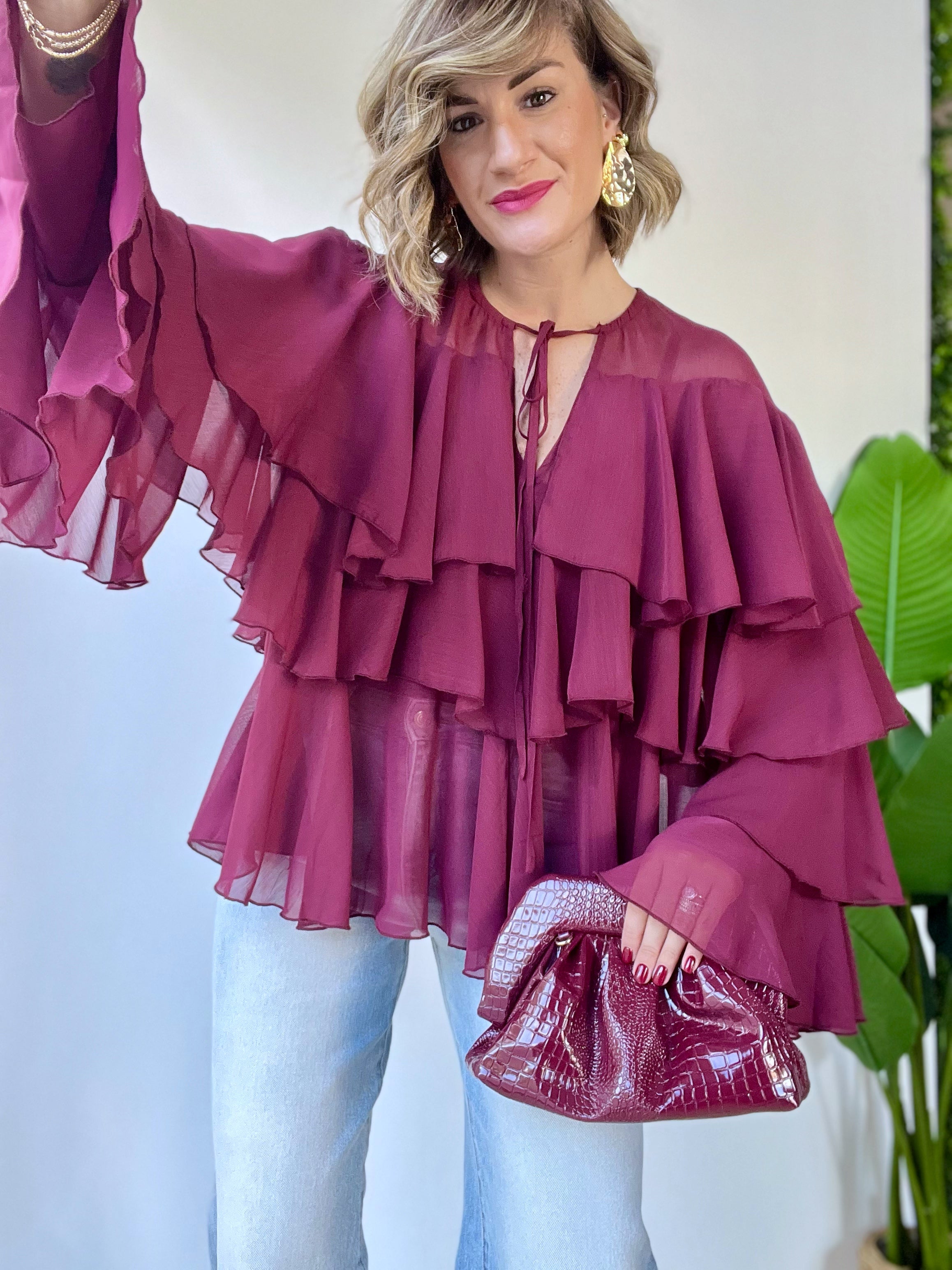 Camicia oversize a balze bordeaux