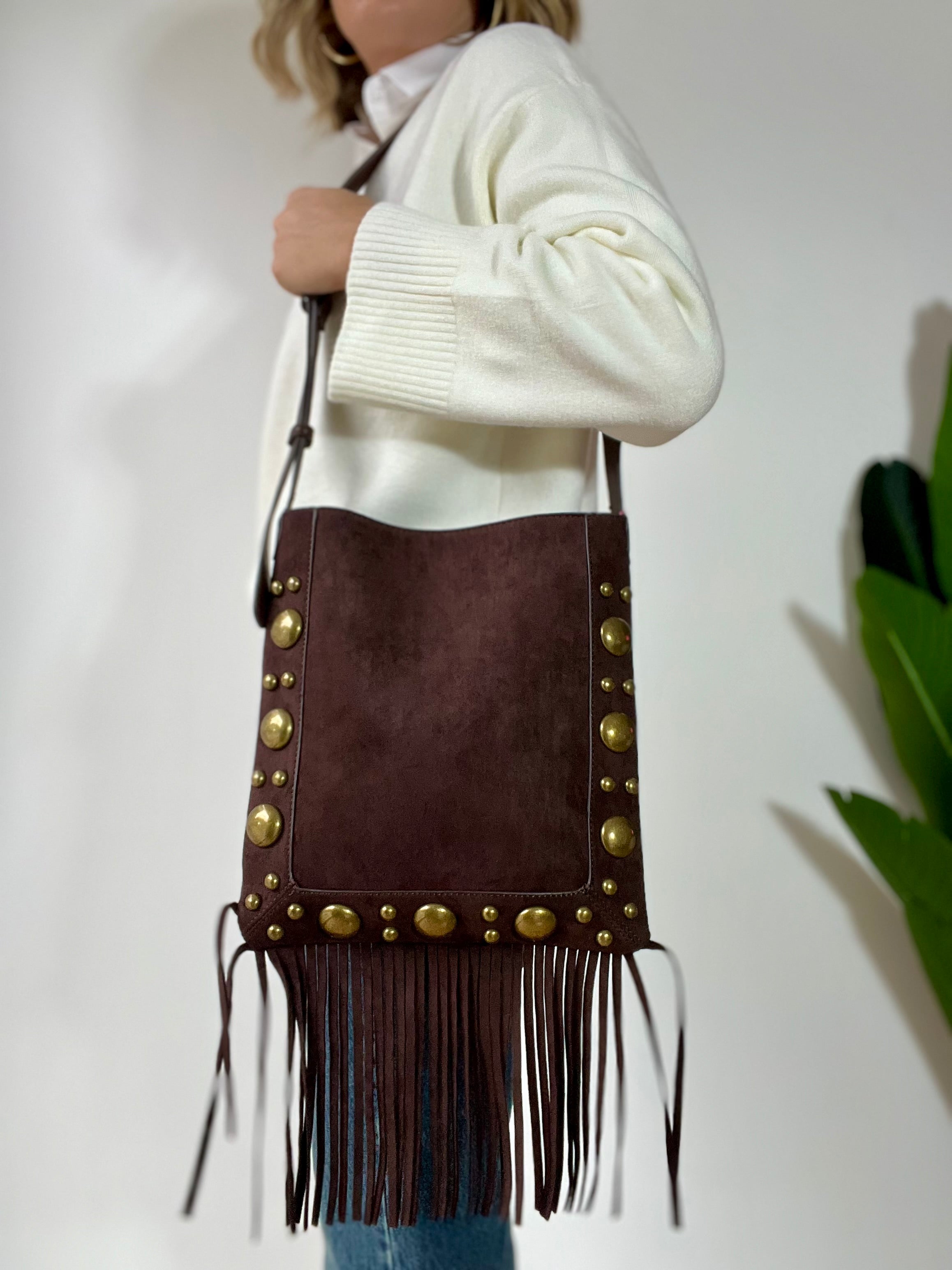 Tracolla con frange e borchie oro