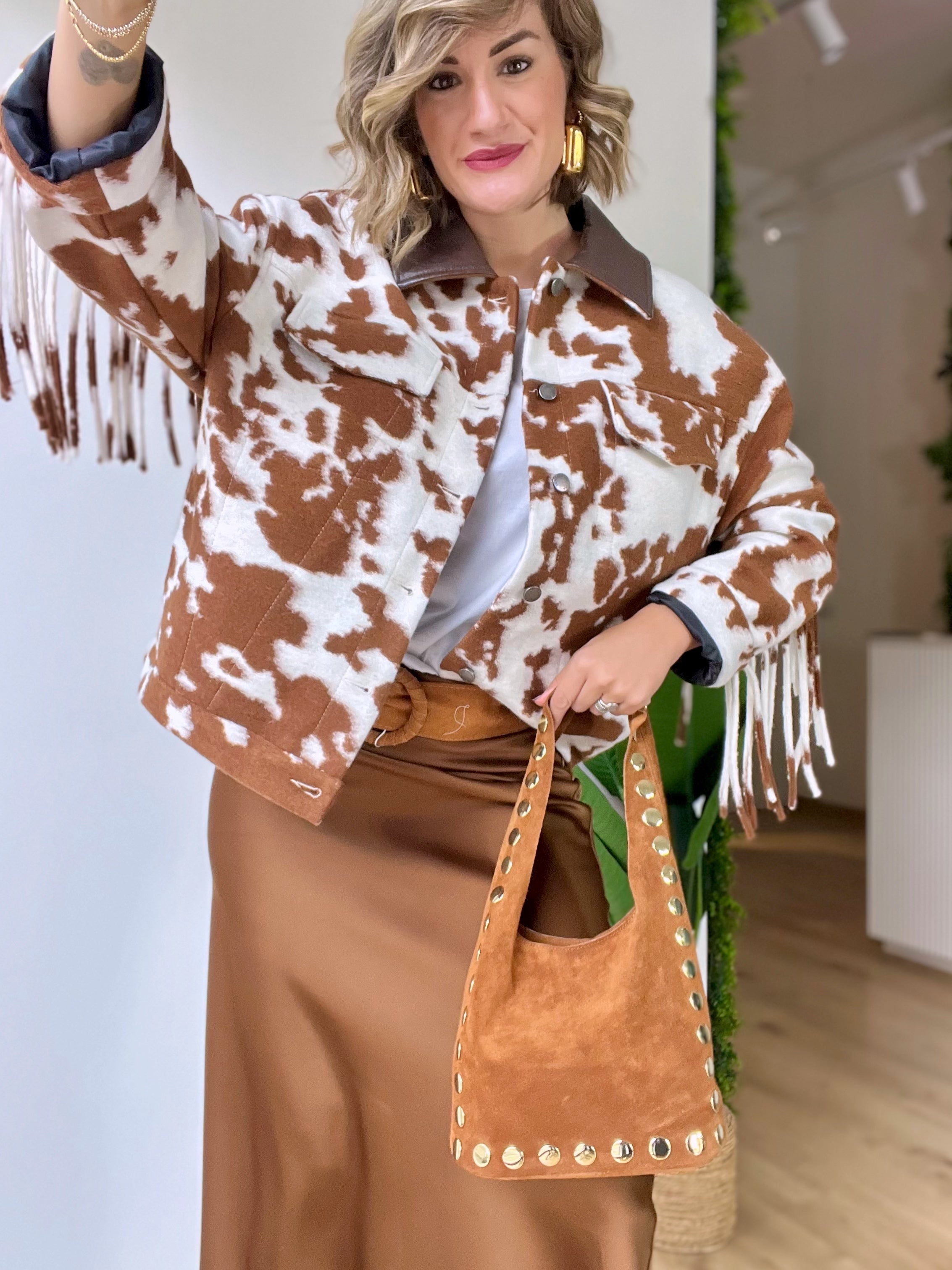 Giubbotto in panno con frange COW cammello