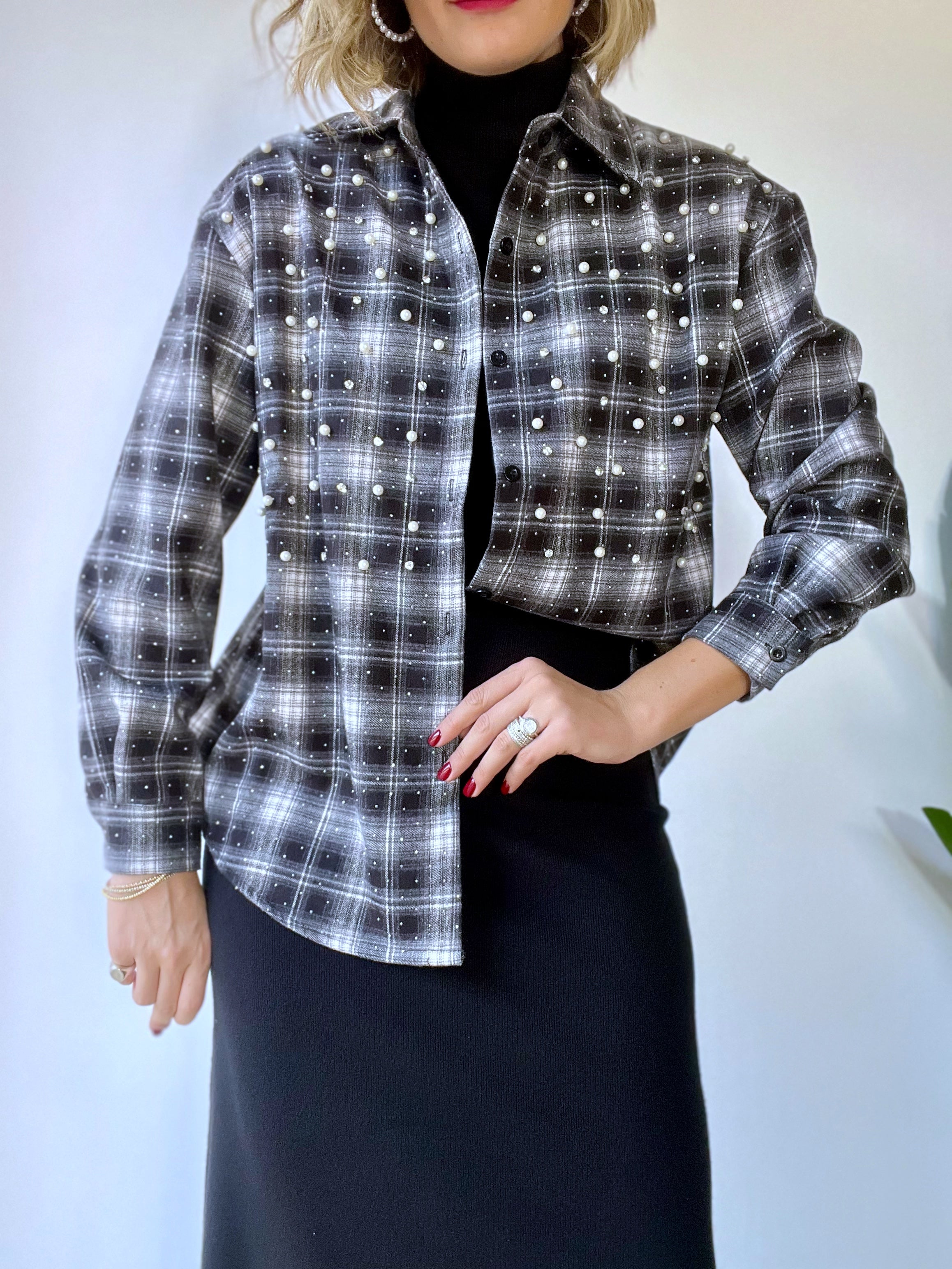 Camicia scozzese con strass e perle