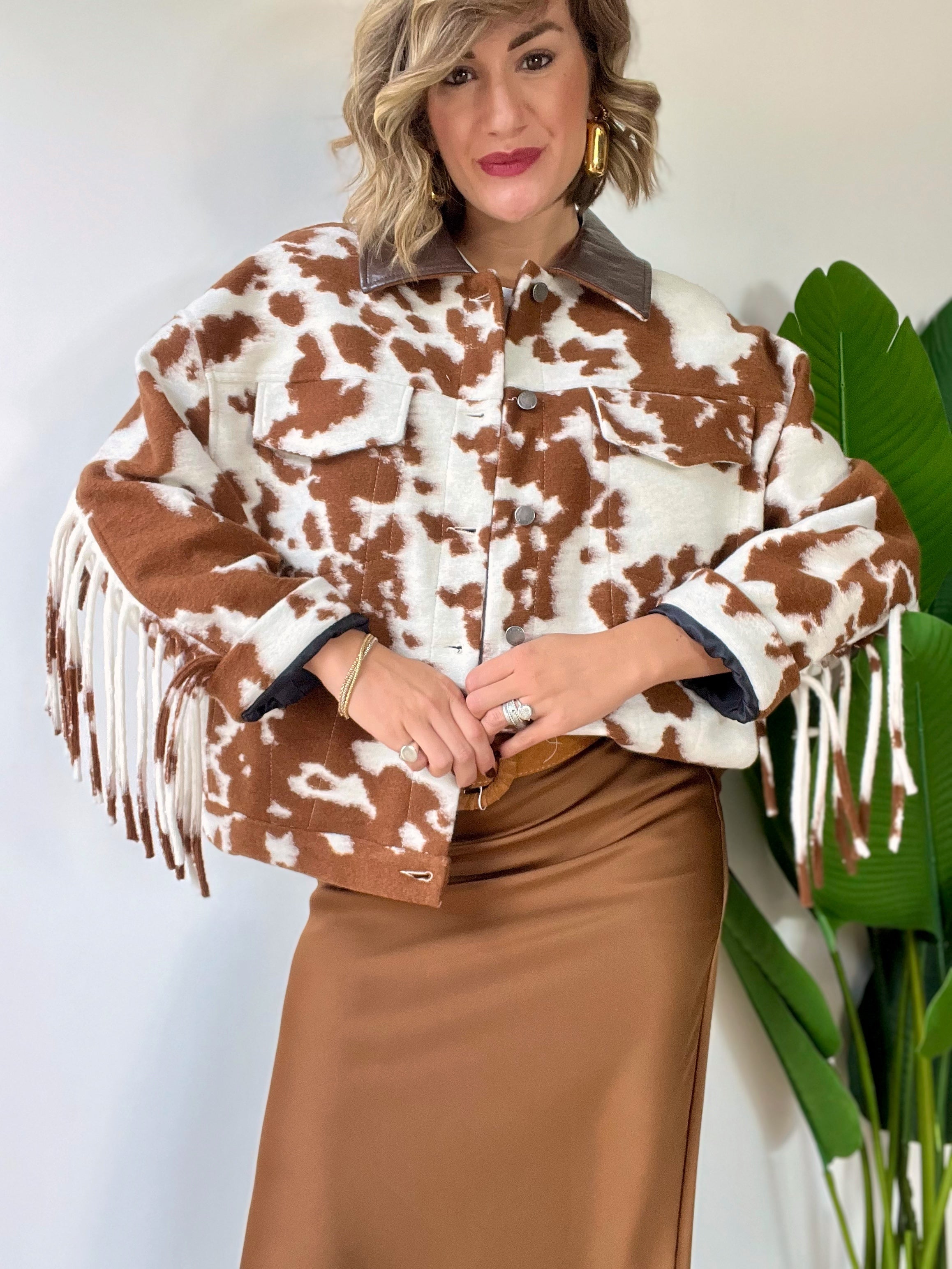 Giubbotto in panno con frange COW cammello