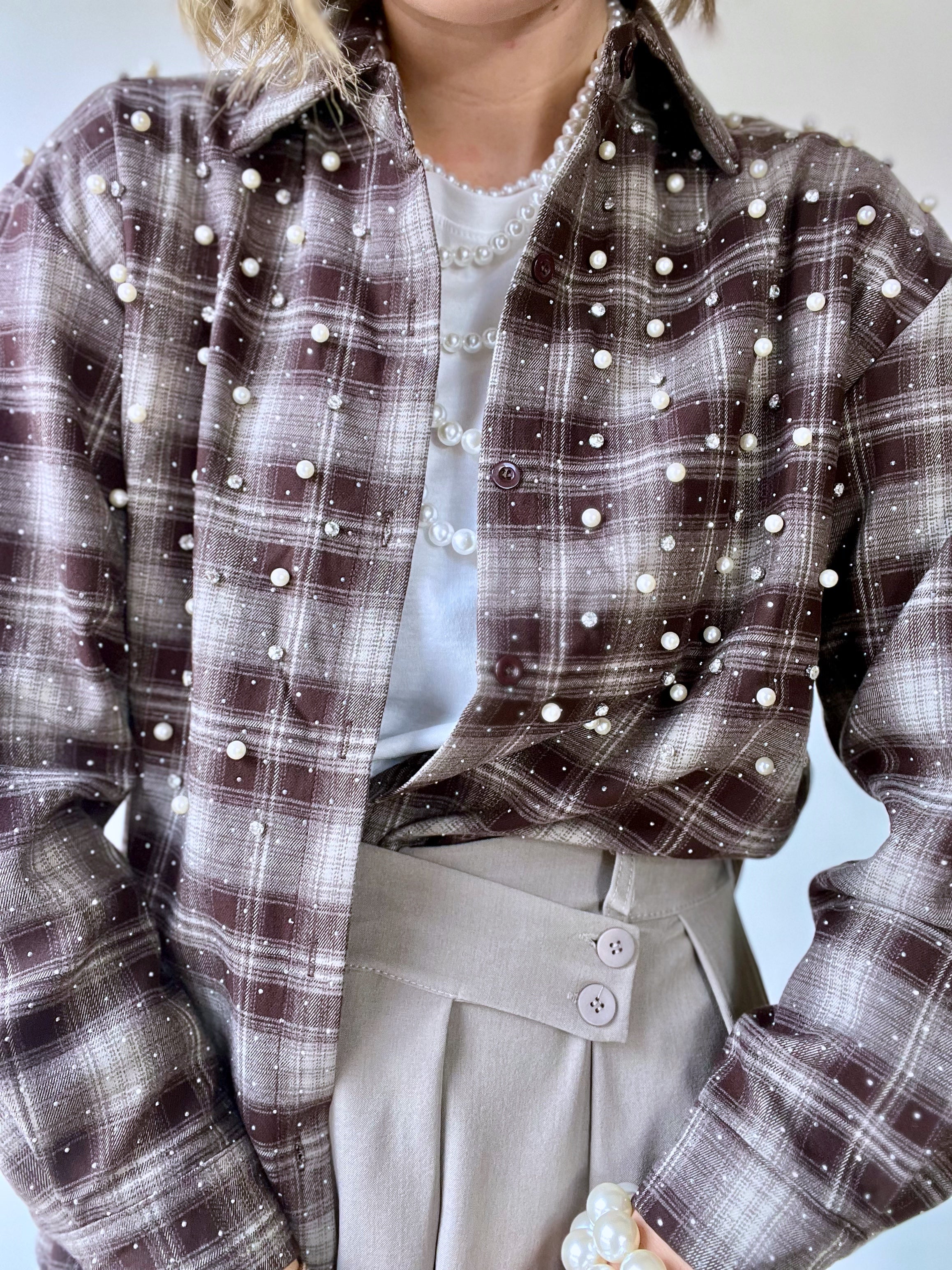 Camicia scozzese con strass e perle