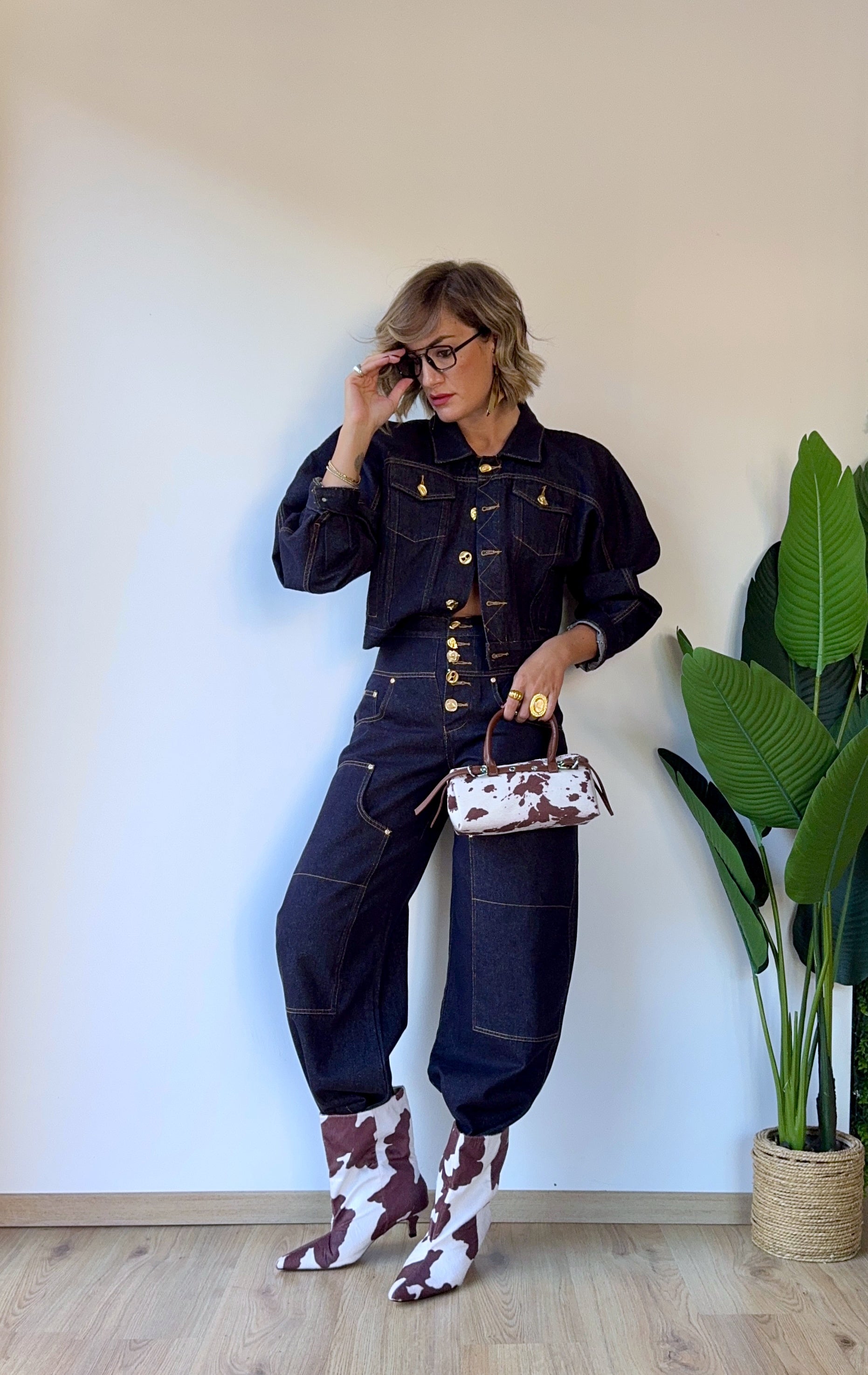 Giubbotto in denim con maniche a pallino