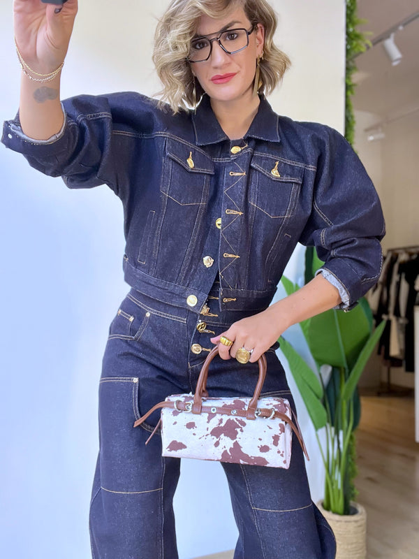 Giubbotto in denim con maniche a pallino