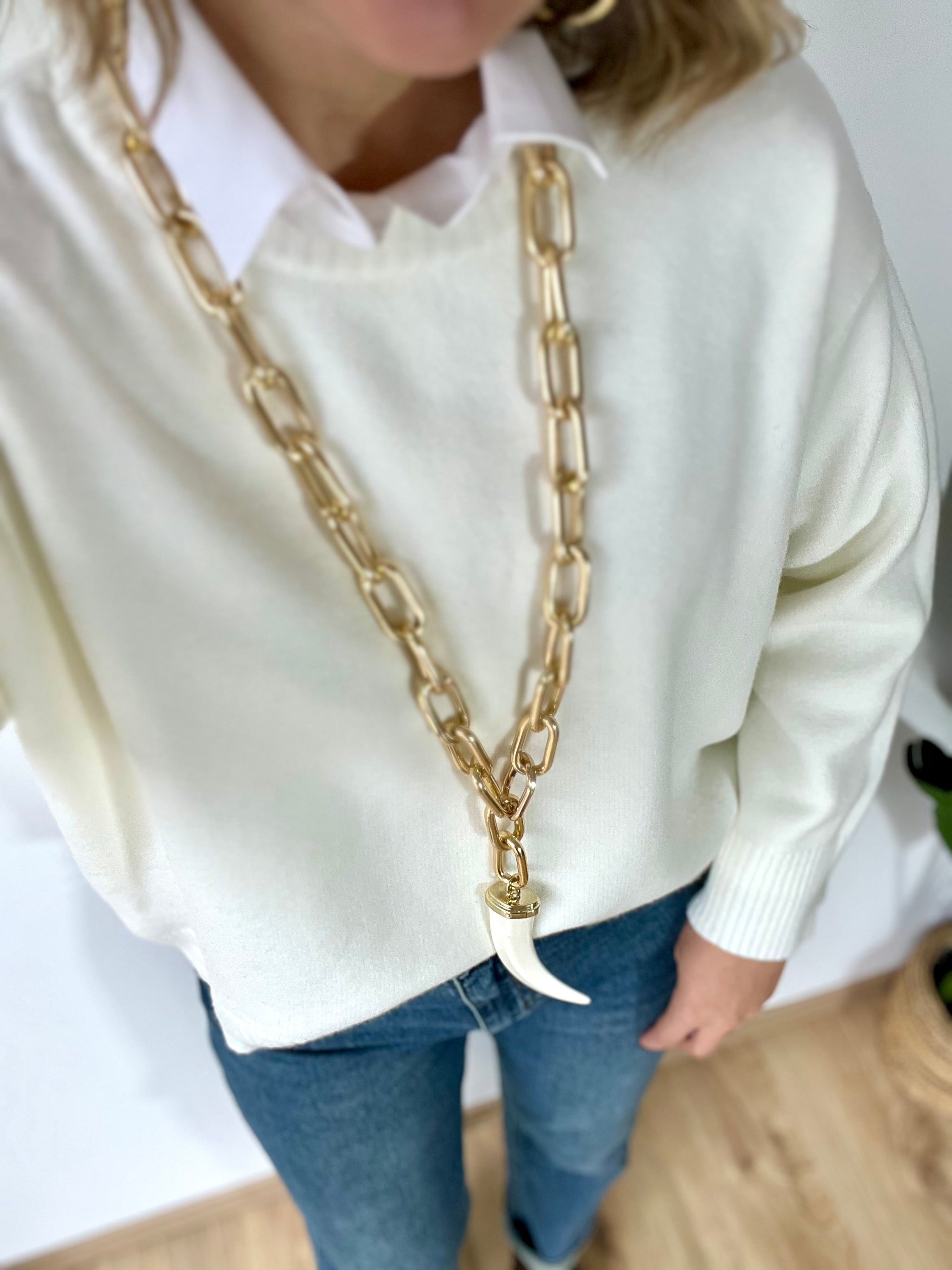 Collana lunga catena oro con corno