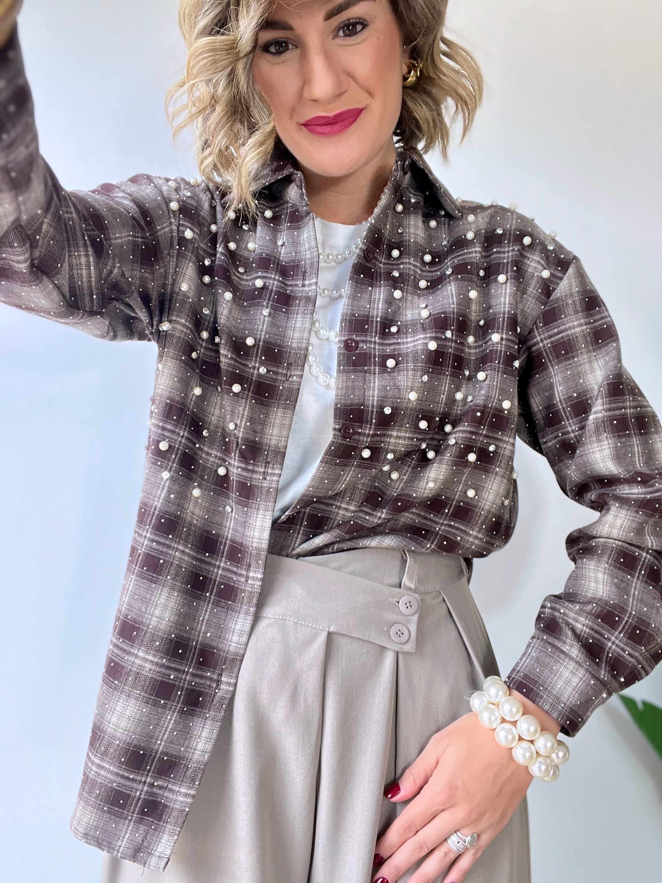Camicia scozzese con strass e perle