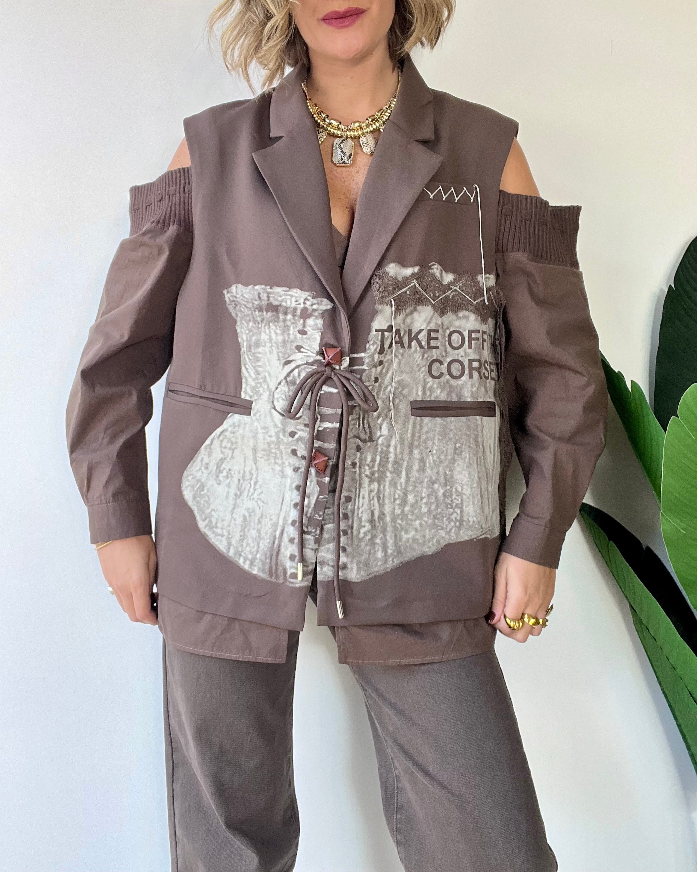 Blazer oversize con stampa e maniche camicia fango