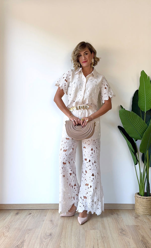 Coordinato con pantalone in pizzo beige