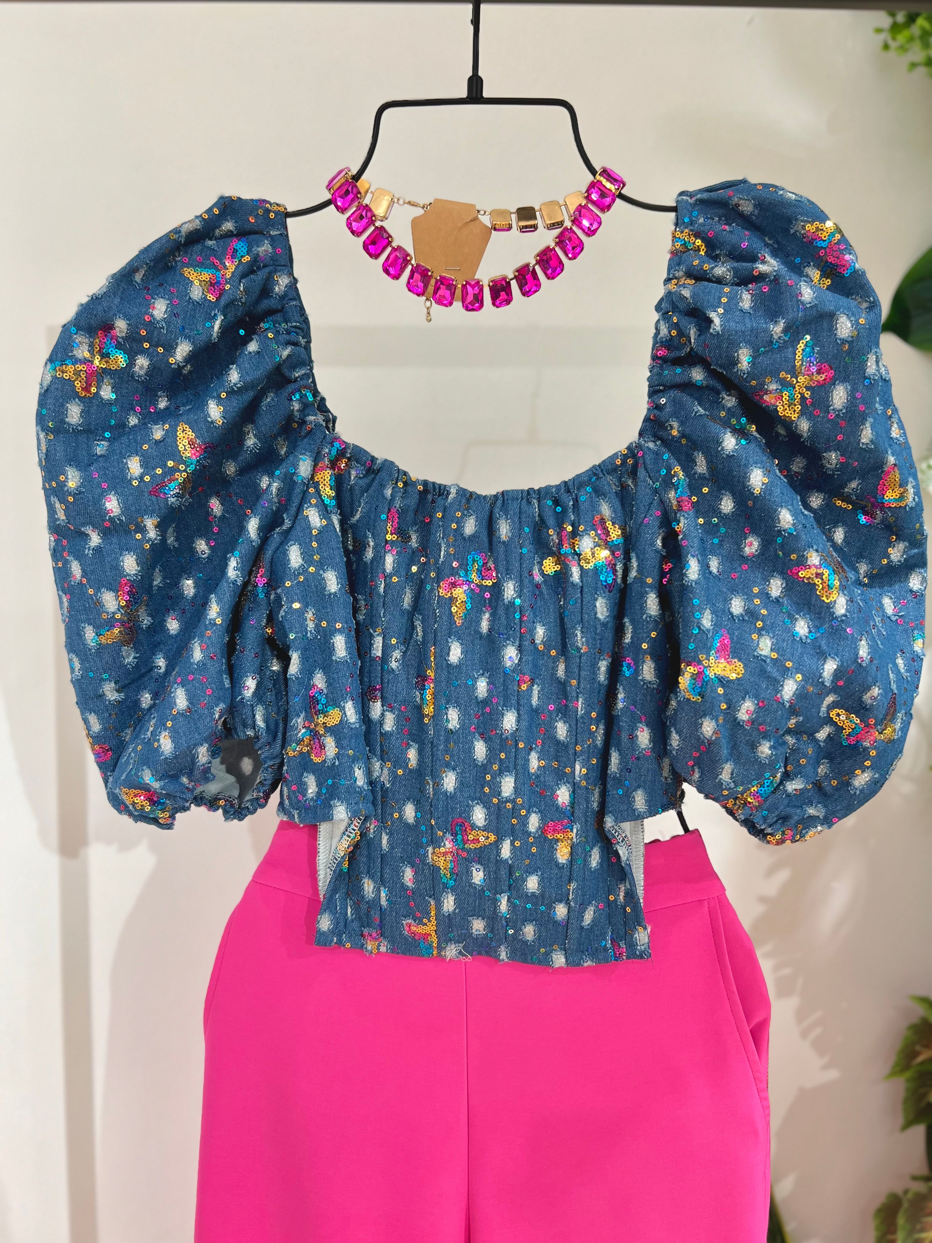 Corpetto denim con pailettes colorate