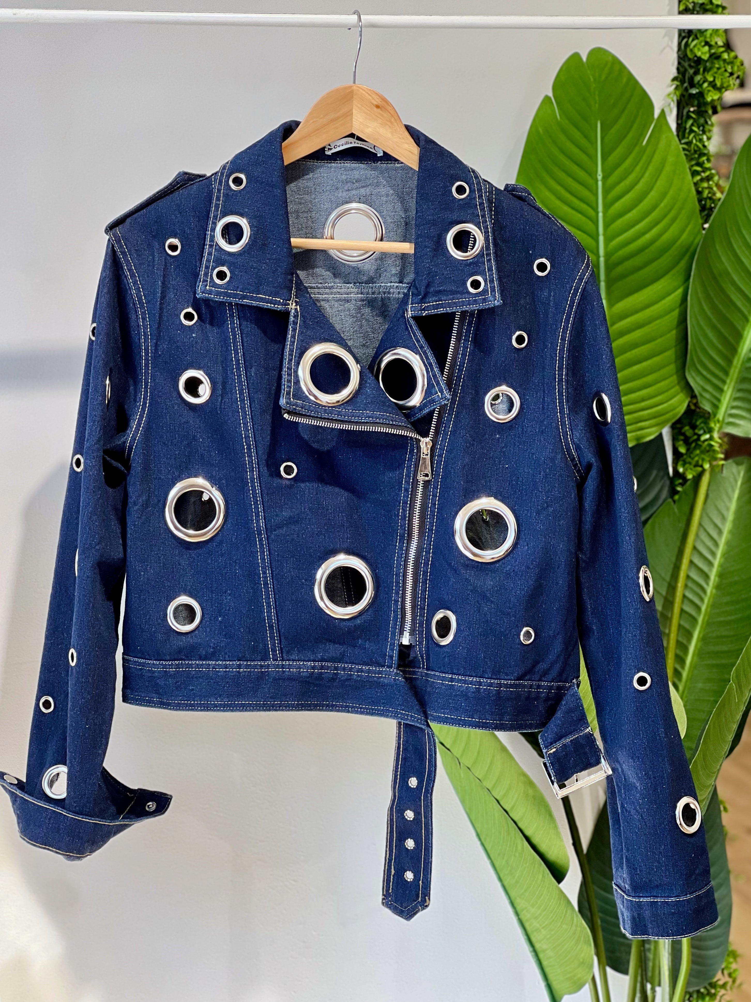 Giubbotto di jeans mod chiodo con occhielli