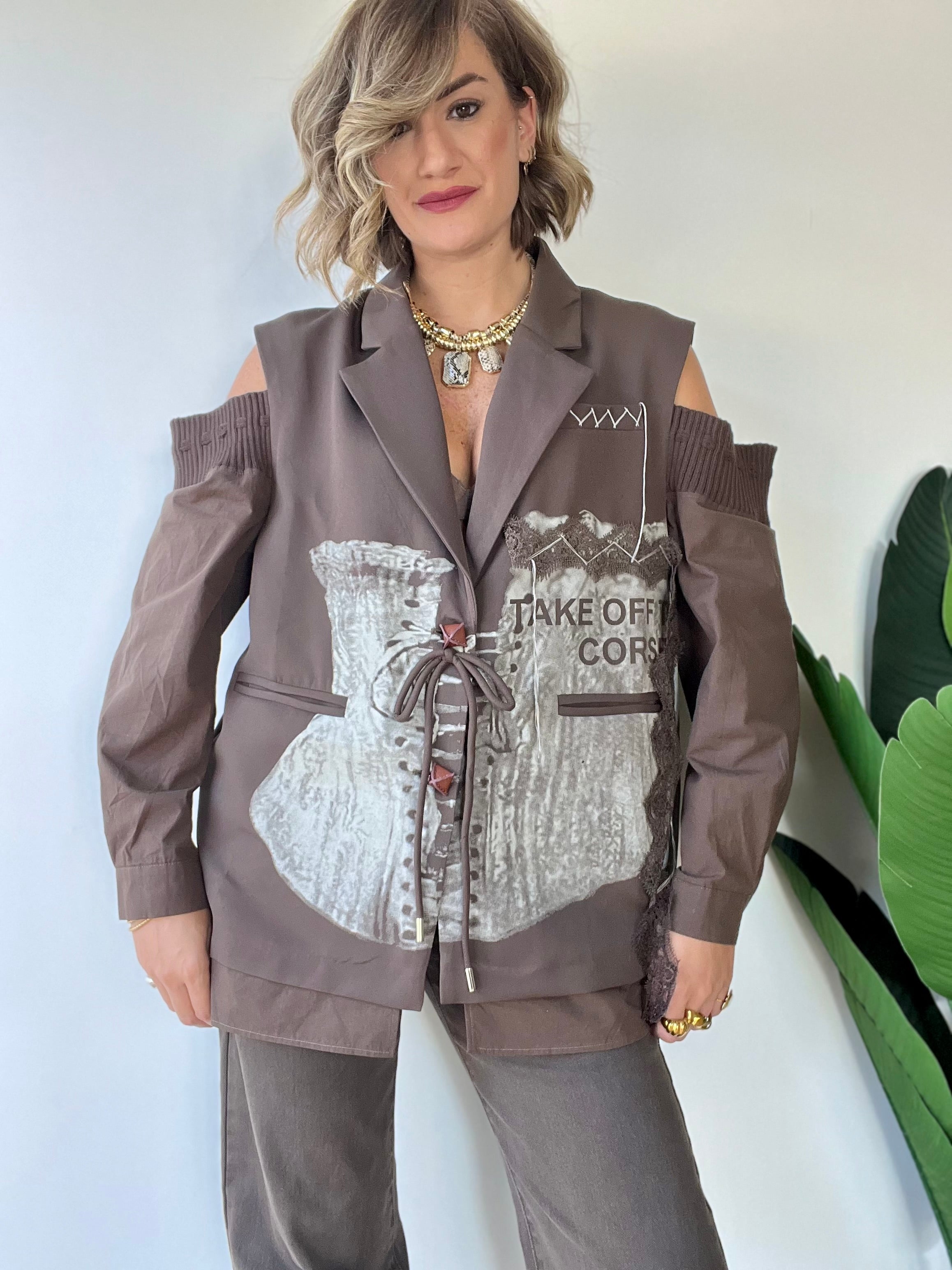 Blazer oversize con stampa e maniche camicia fango