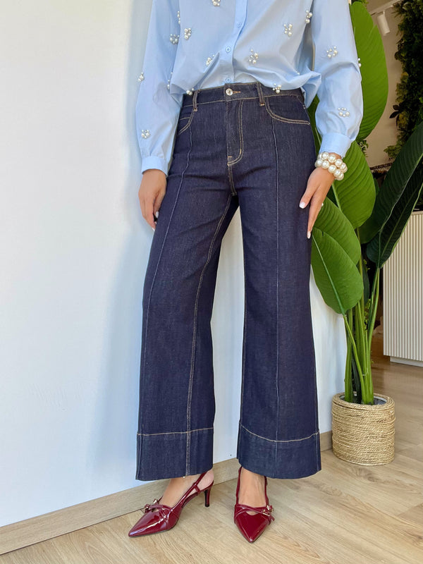 Jeans blu scuro con bacchetta centrale