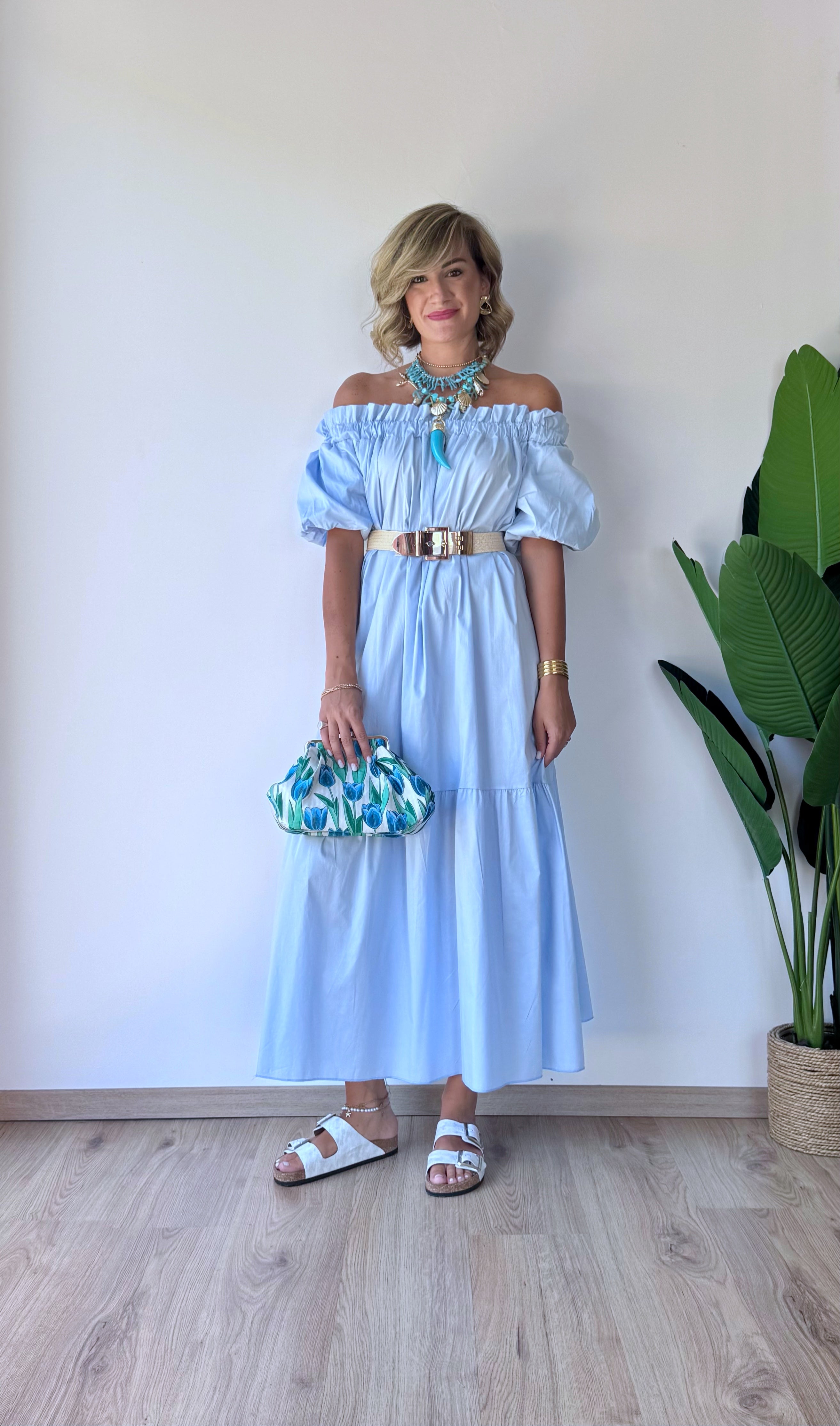 Abito lungo di cotone azzurro