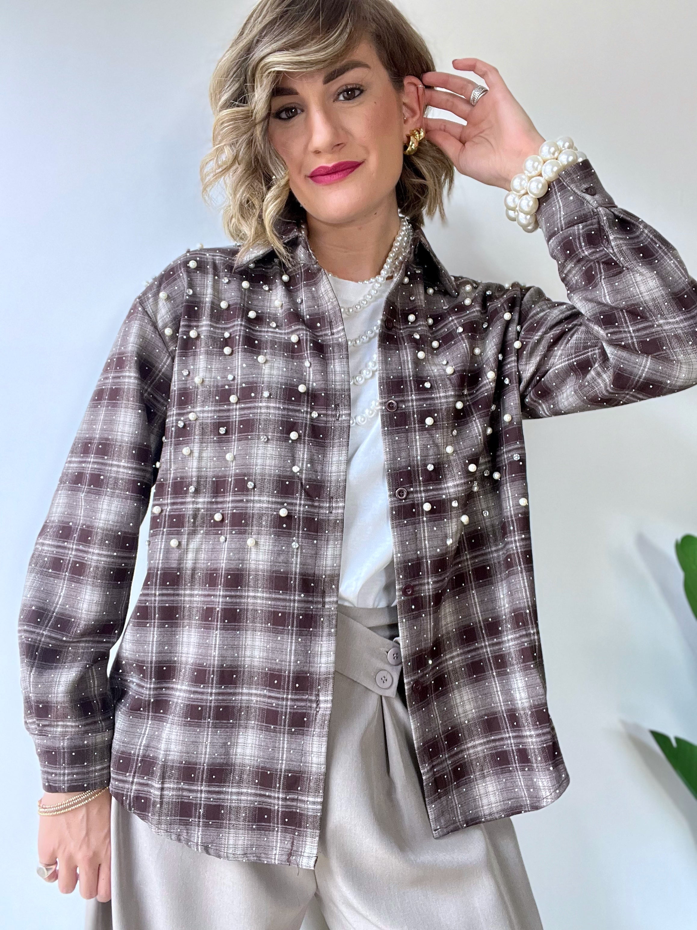Camicia scozzese con strass e perle