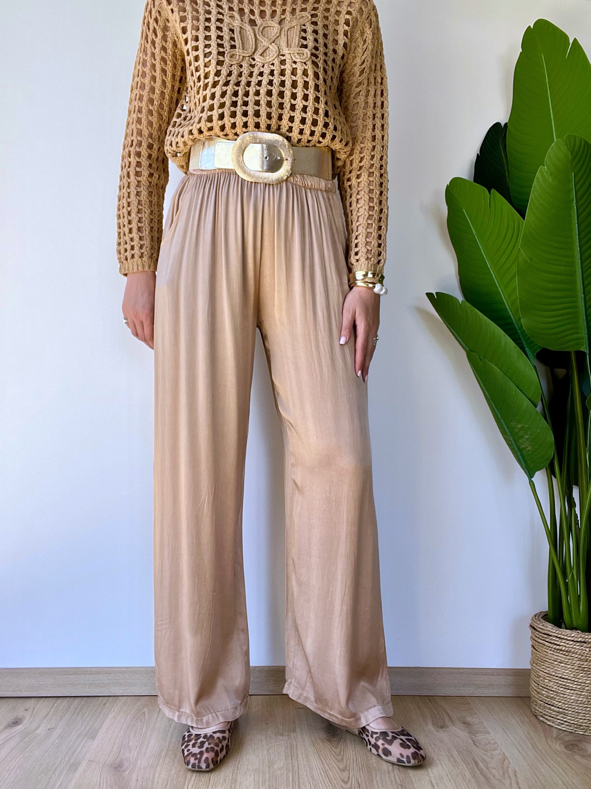 Panta palazzo in raso morbido beige