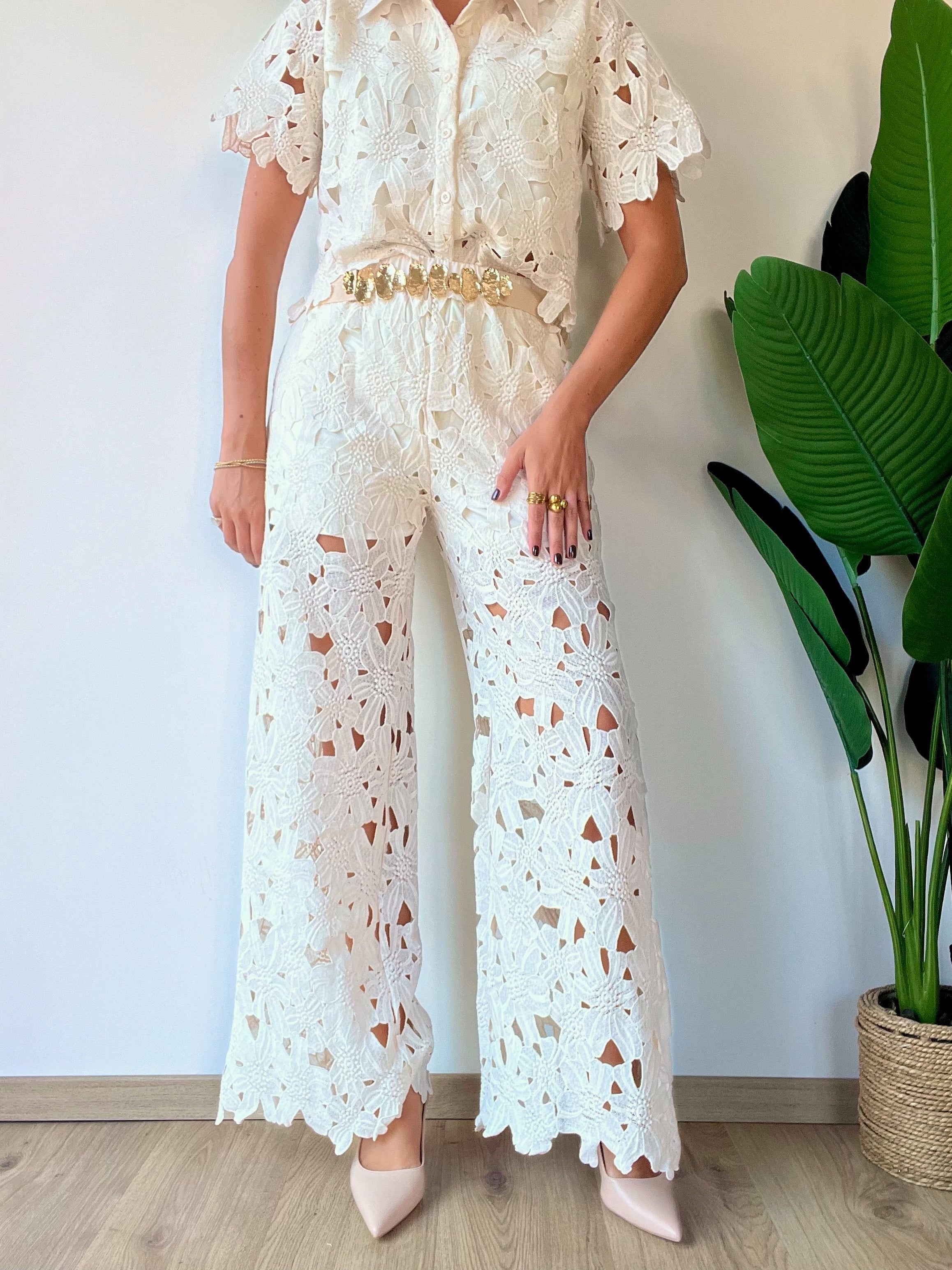 Coordinato con pantalone in pizzo beige