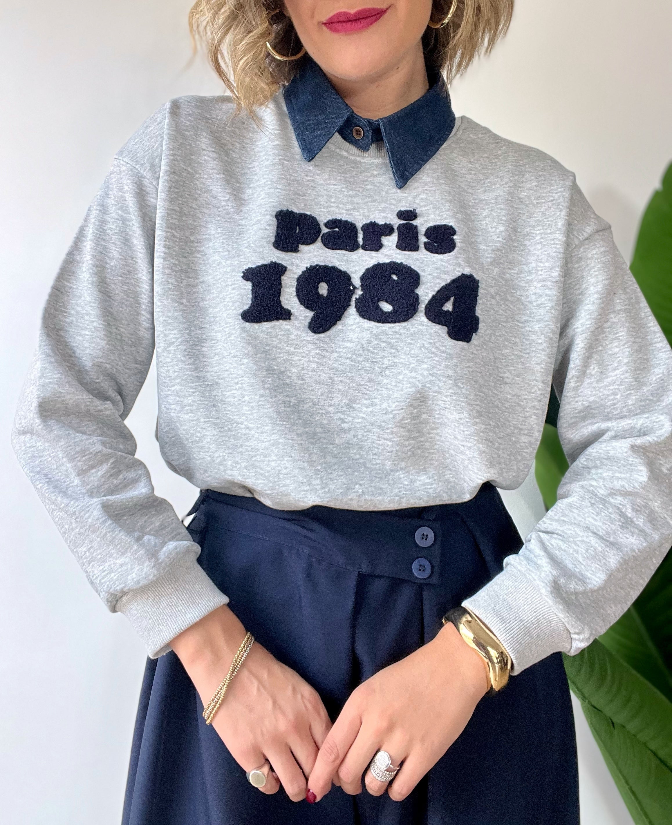 Felpa garzata 1984 con colletto jeans