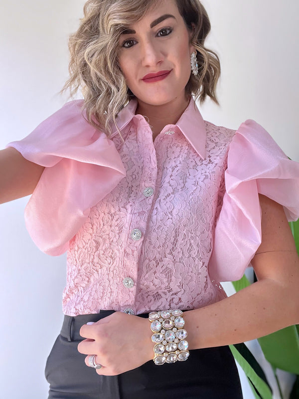 Camicia in pizzo con maniche a palloncino