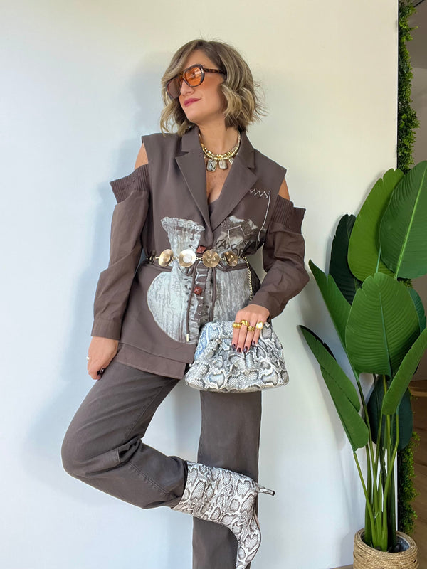 Blazer oversize con stampa e maniche camicia fango