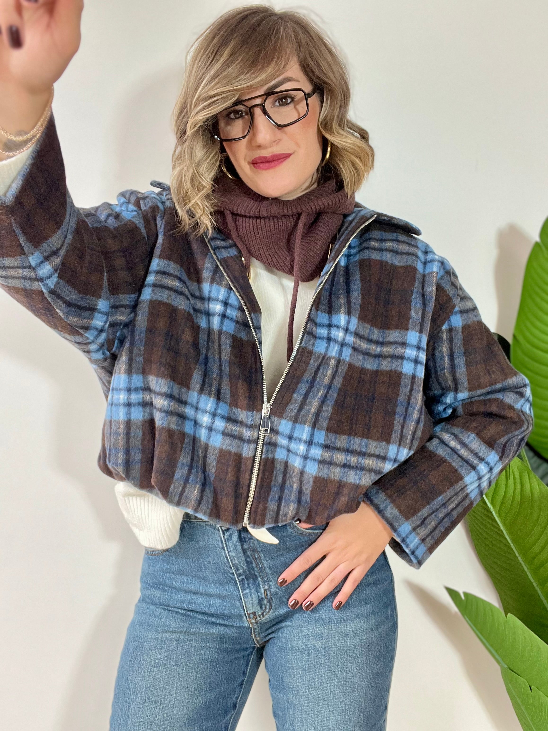 Bomberino in panno a scacchi marrone e azzurro