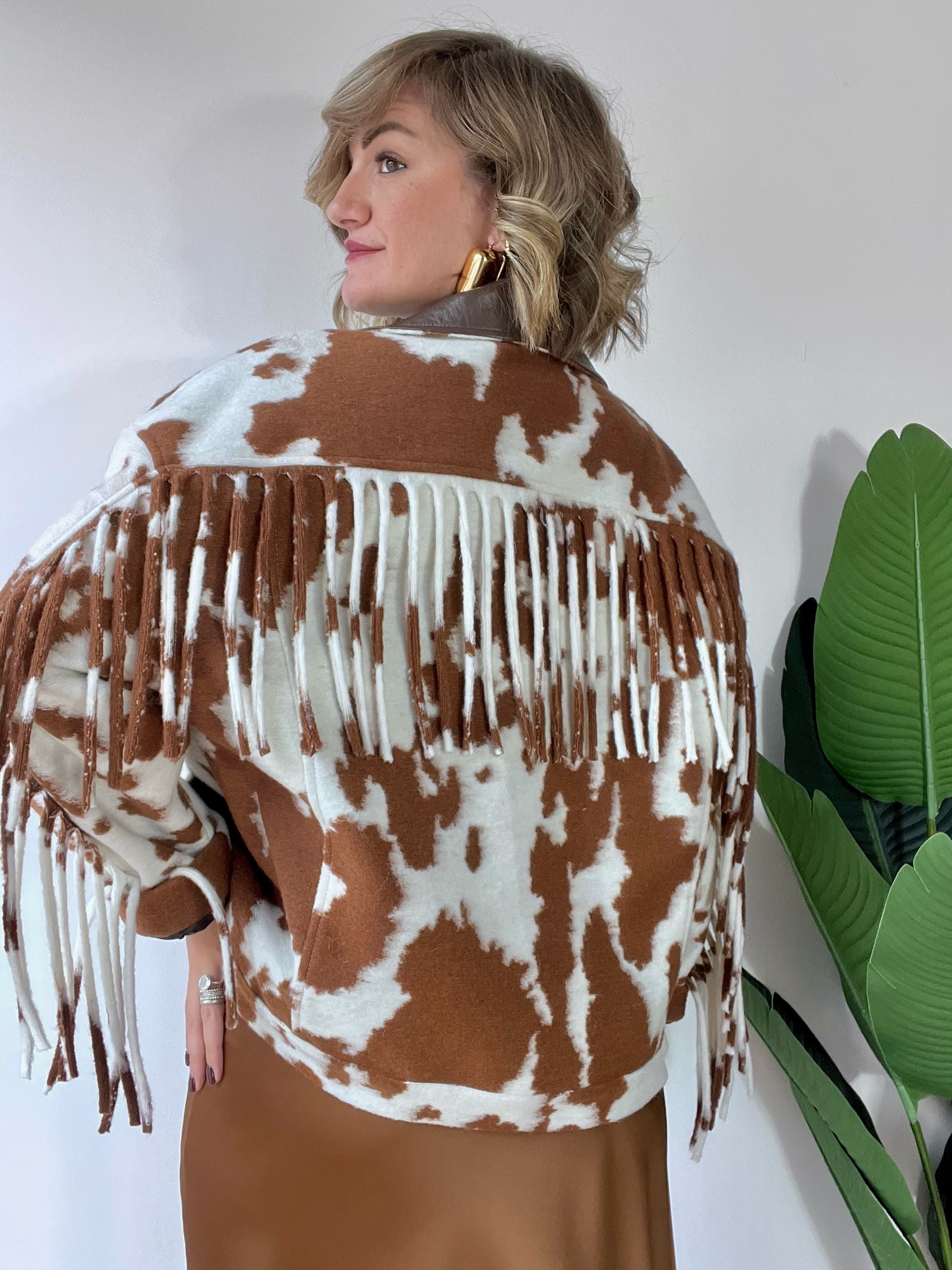 Giubbotto in panno con frange COW cammello